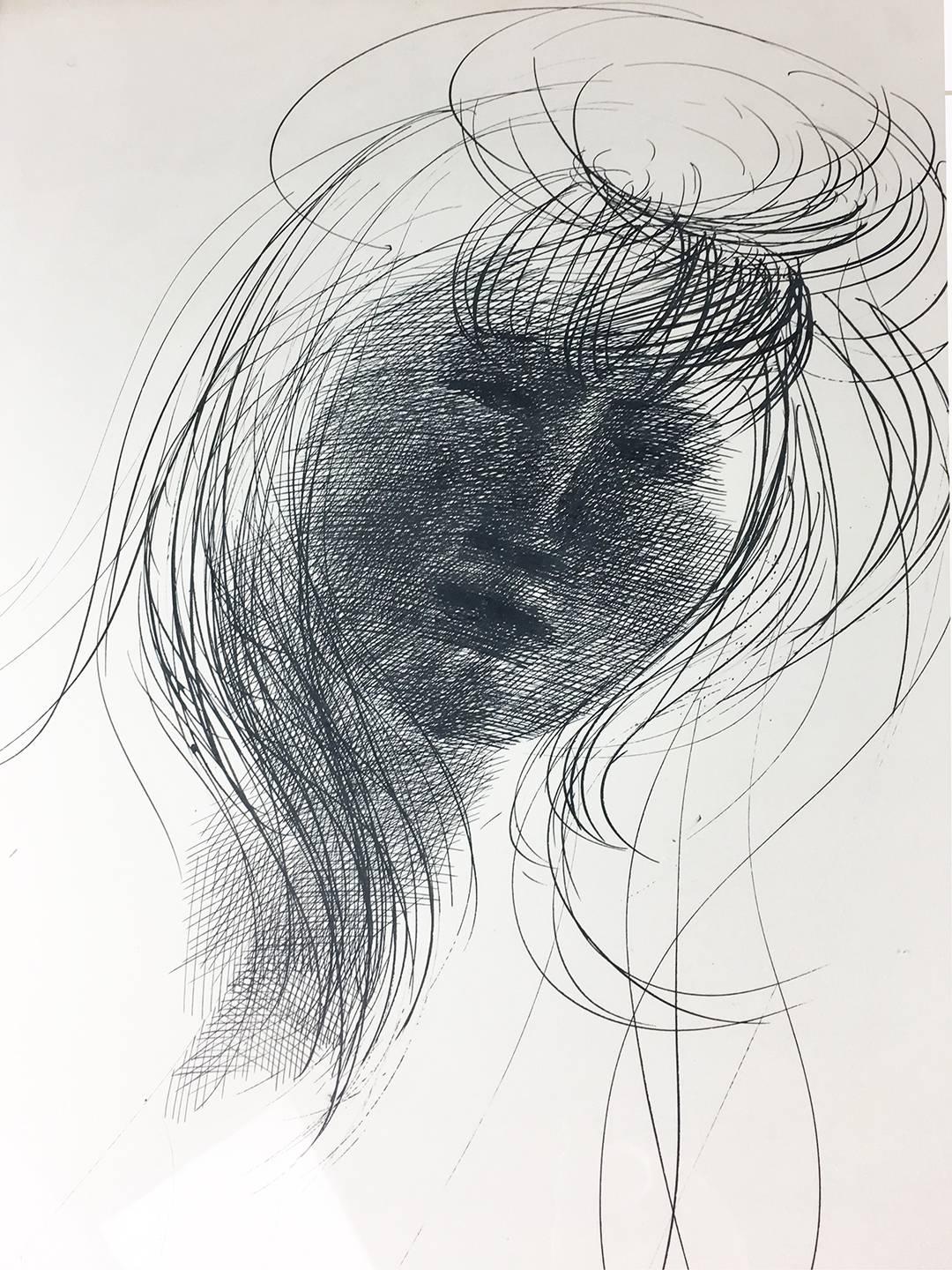 Italian Emilio Greco (1913-1995) pen on paper study of a Young Woman, her head rendered with multiple lines. Rectangular sheet of newsprint, framed in black wood. 

Purchased directly from the artist at his studio in 1963 and in the same hands