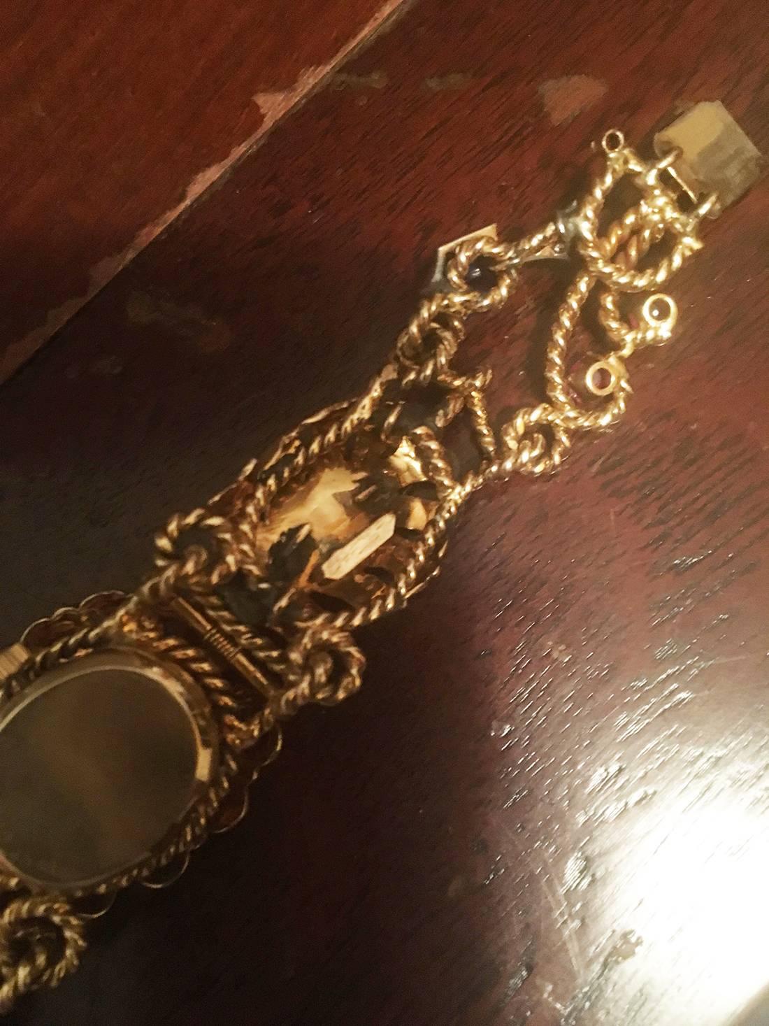 20th Century 14 Karat Yellow Gold Watch Bracelet with Six Gem Set Charms
