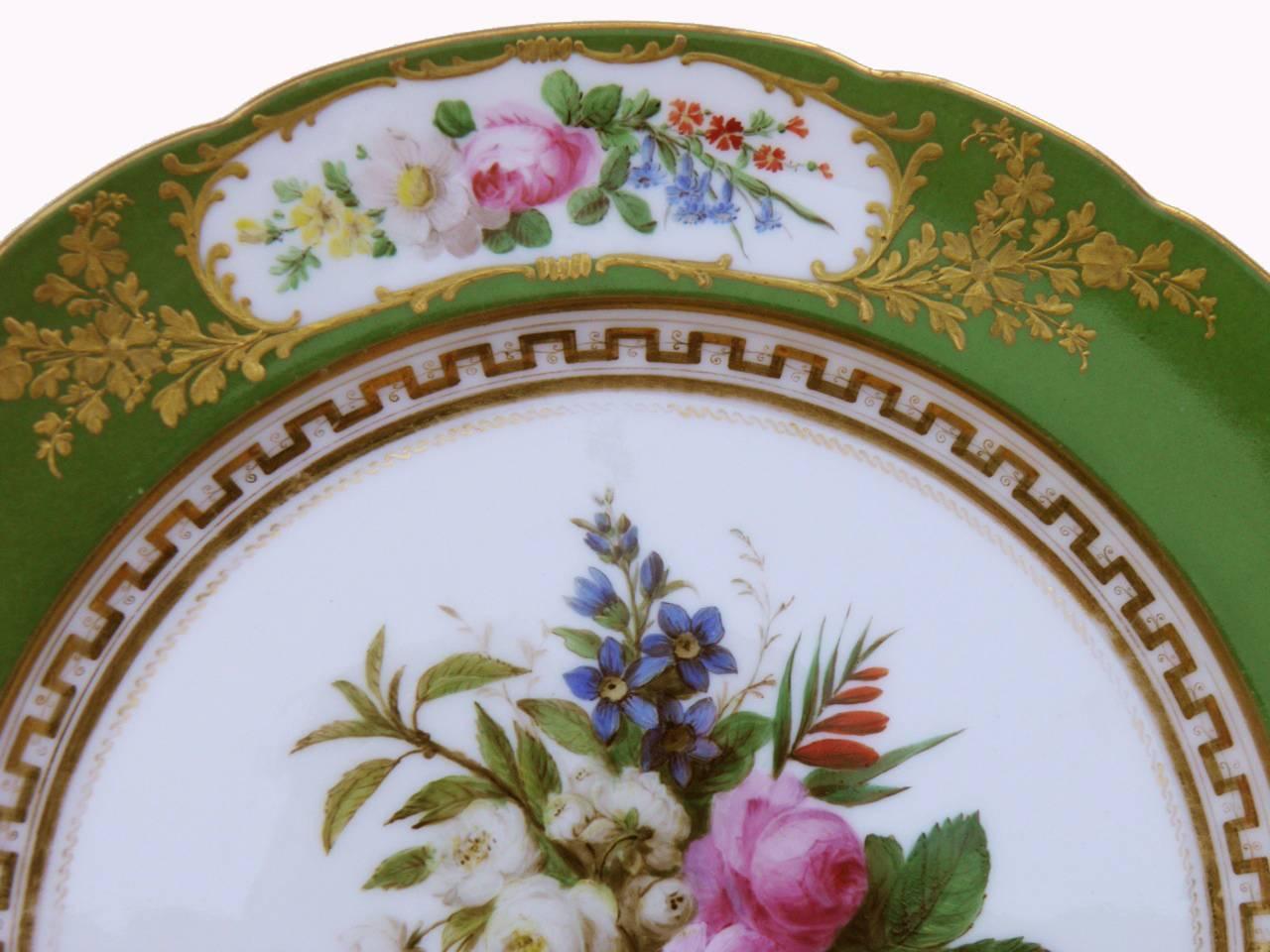 Restauration Set of 12 Old Paris Feuillet Porcelain Green-Ground Dessert Plates For Sale