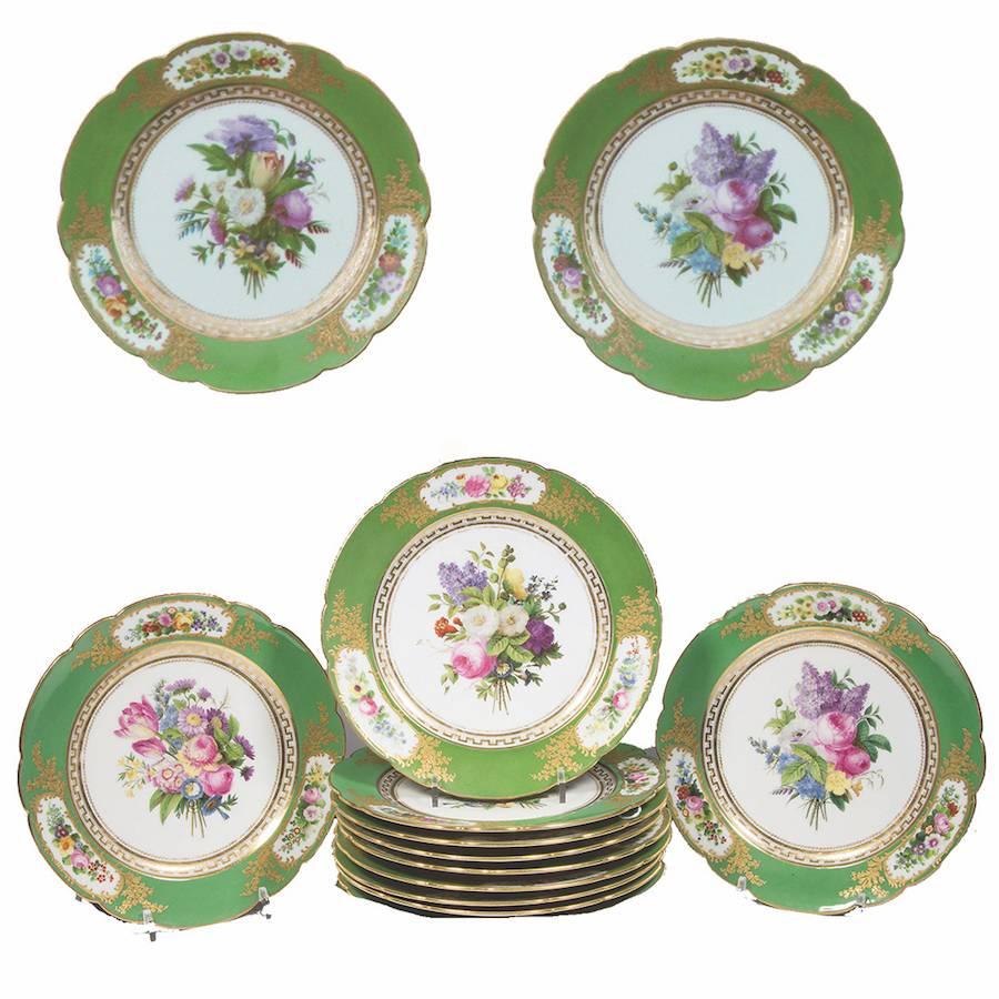 French Set of 12 Old Paris Feuillet Porcelain Green-Ground Dessert Plates For Sale
