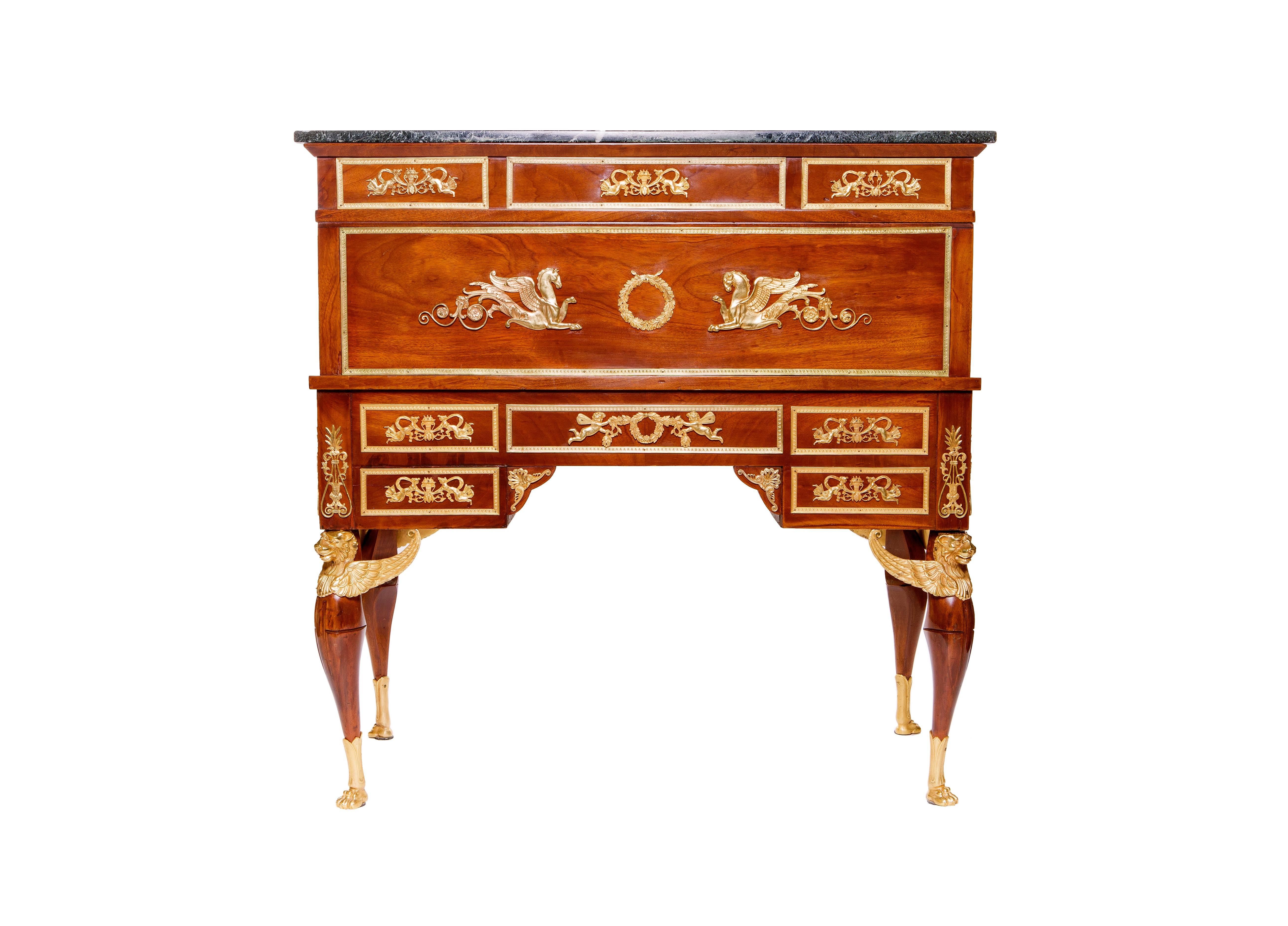 Fine and Highly Mounted Empire Style Mahogany Cylinder-Bureau In Good Condition For Sale In Dallas, TX