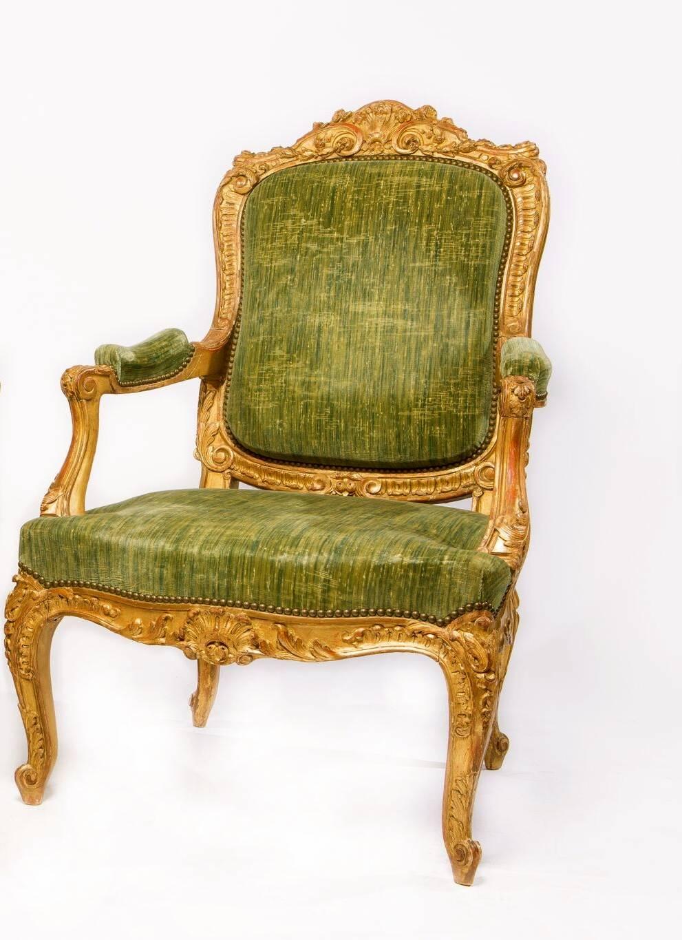 Rococo Fine Pair of Large Louis XV Style Gilt-Wood Fauteuils En Cabriolet For Sale