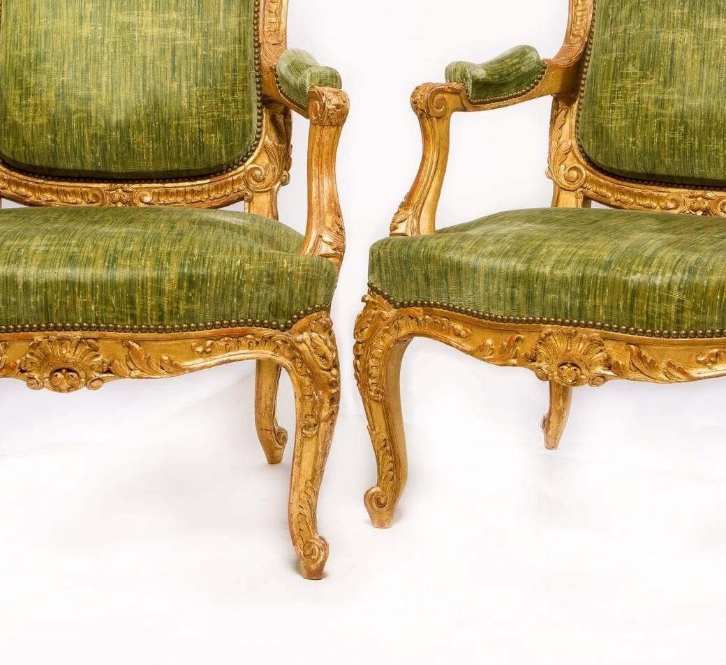 Carved Fine Pair of Large Louis XV Style Gilt-Wood Fauteuils En Cabriolet For Sale