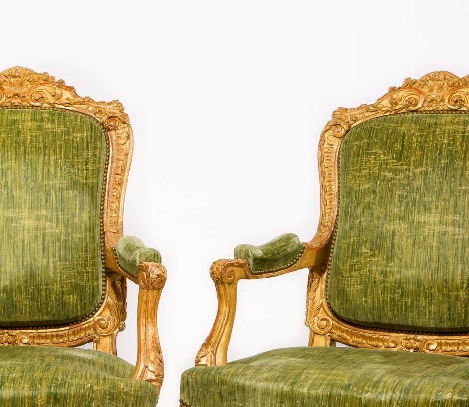 French Fine Pair of Large Louis XV Style Gilt-Wood Fauteuils En Cabriolet For Sale