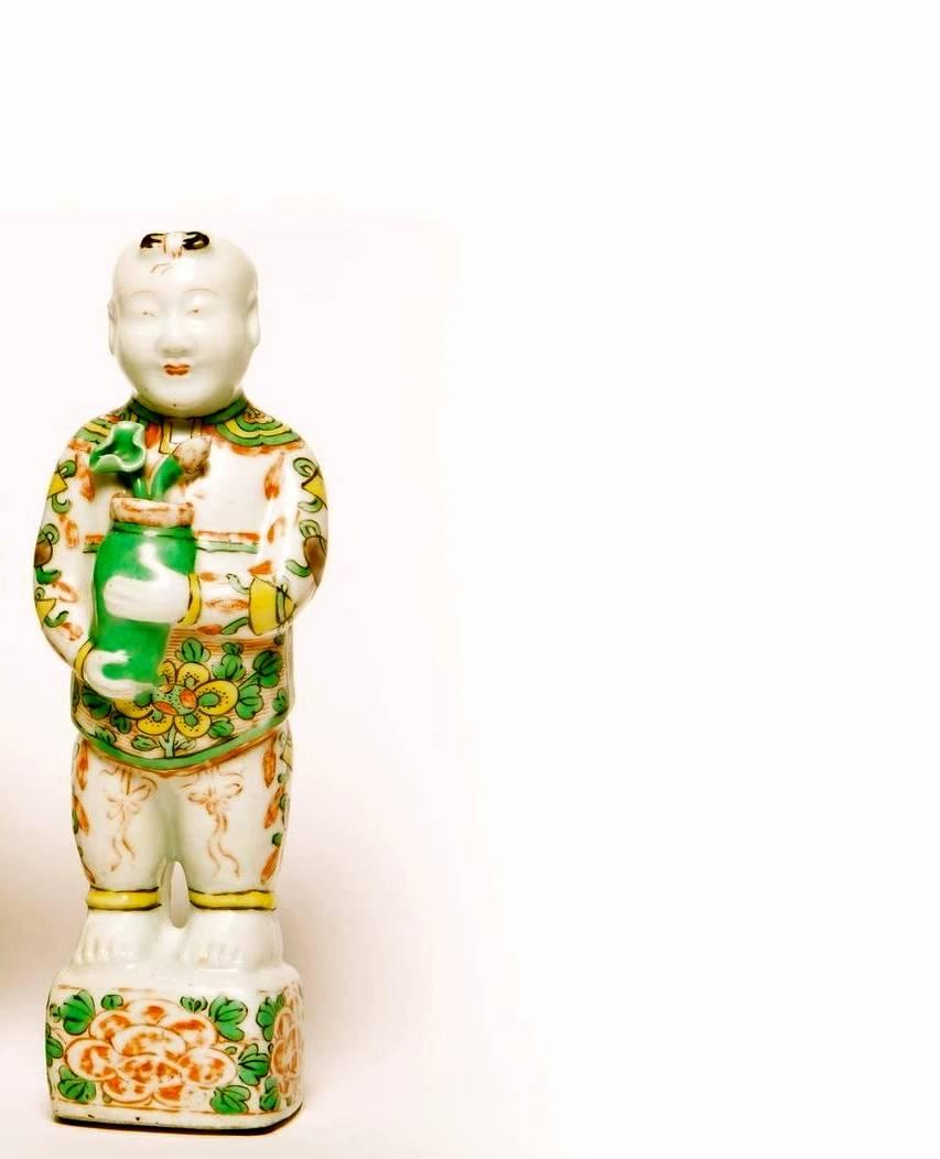 Chinese Export Pair of Chinese Famille Verte Porcelain Hoho Figures For Sale