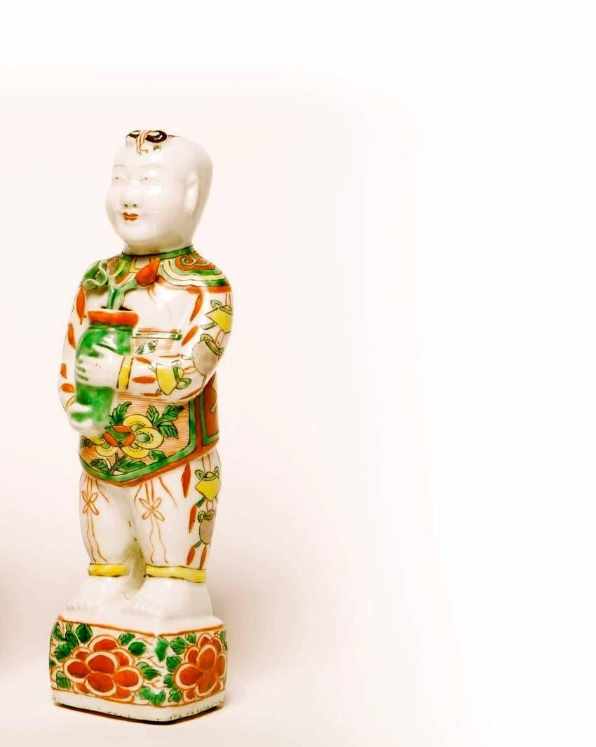 Chinese Export Pair of Chinese Famille Verte Porcelain Hoho Figures For Sale