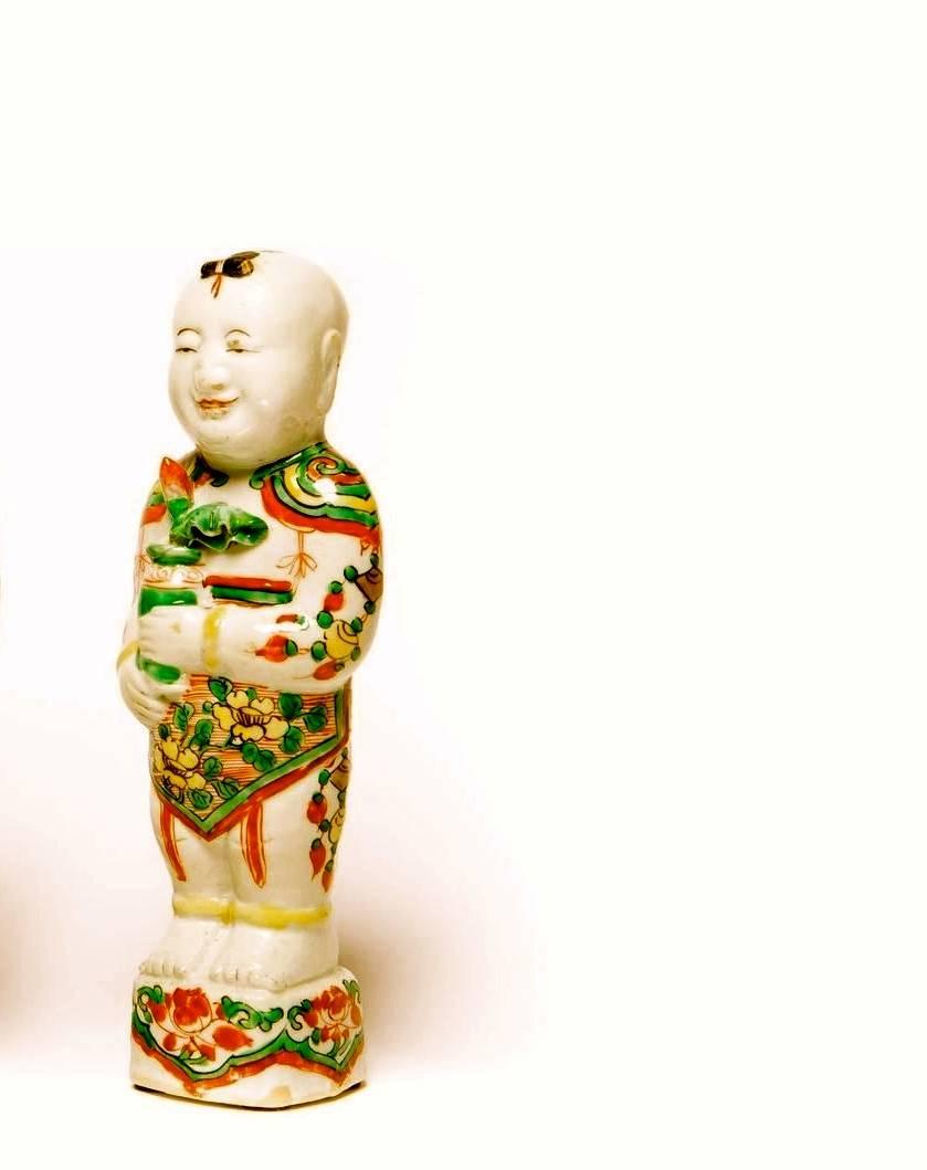 Chinese Export Fine Pair of Chinese Famille Verte Porcelain Hoho Figures For Sale