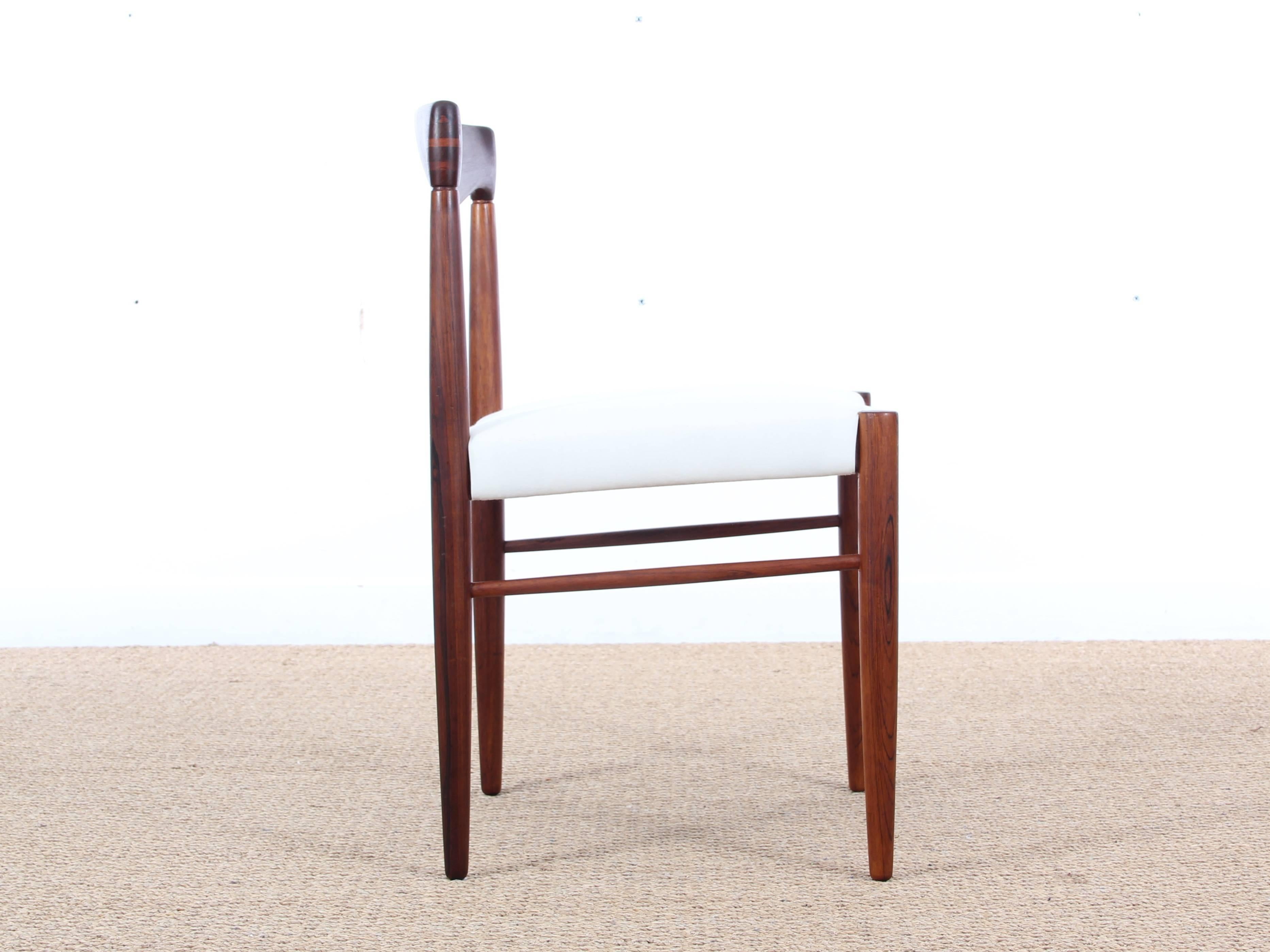 Danish Mid-Century Modern set of four chairs in Rio rosewood by H. W. Klein. Seats will be reupholtered with fabric or leather of your choice between Step Melange fabric from Gabriel or "Tango" leather from Sørensen. Other references of