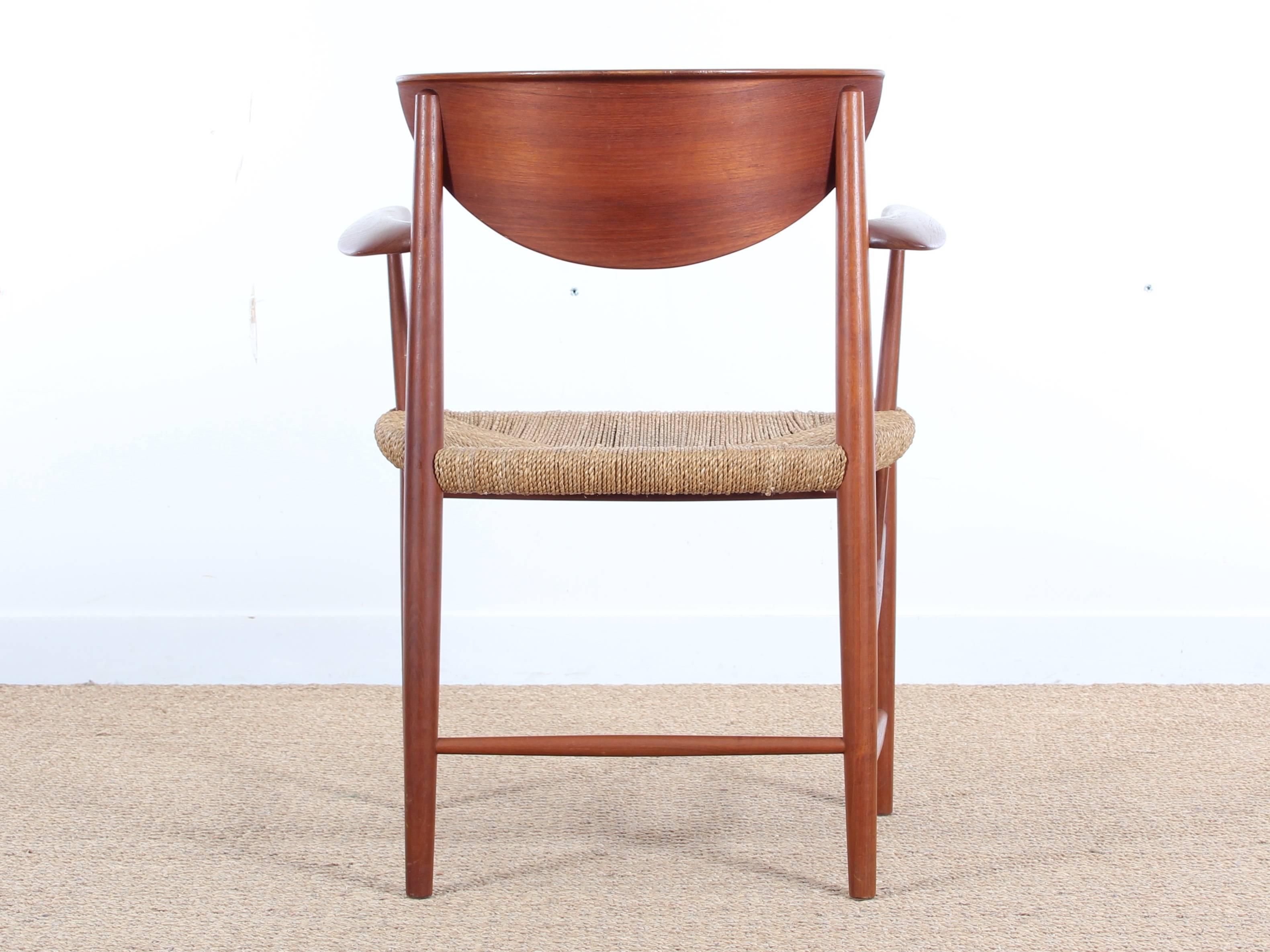 Cord Mid-Century Modern Danish Pair of Armchairs and Set of Six Chairs in Teak