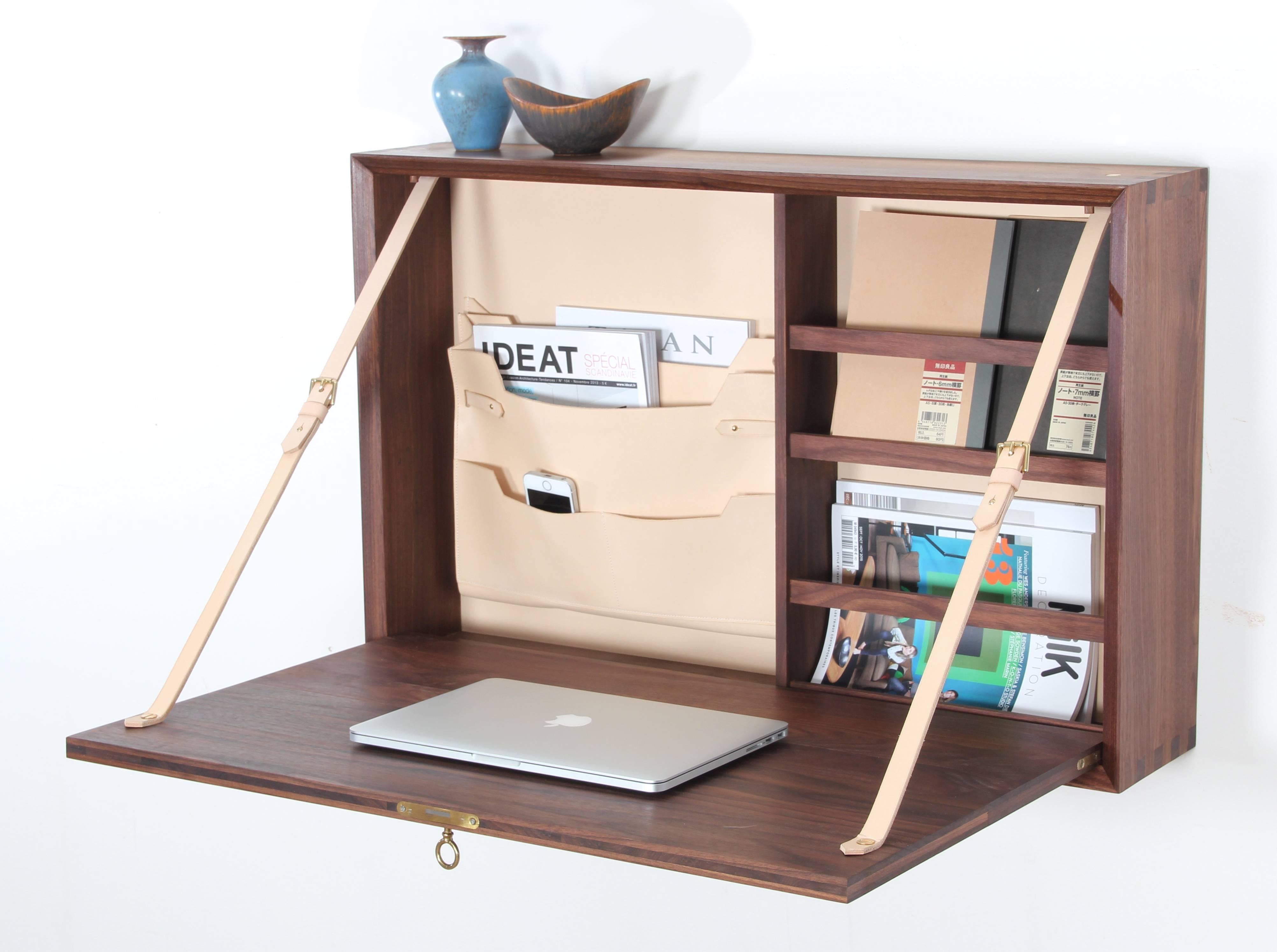 Contemporary Mid-Century Modern Wall Secretary Desk in Walnut For Sale