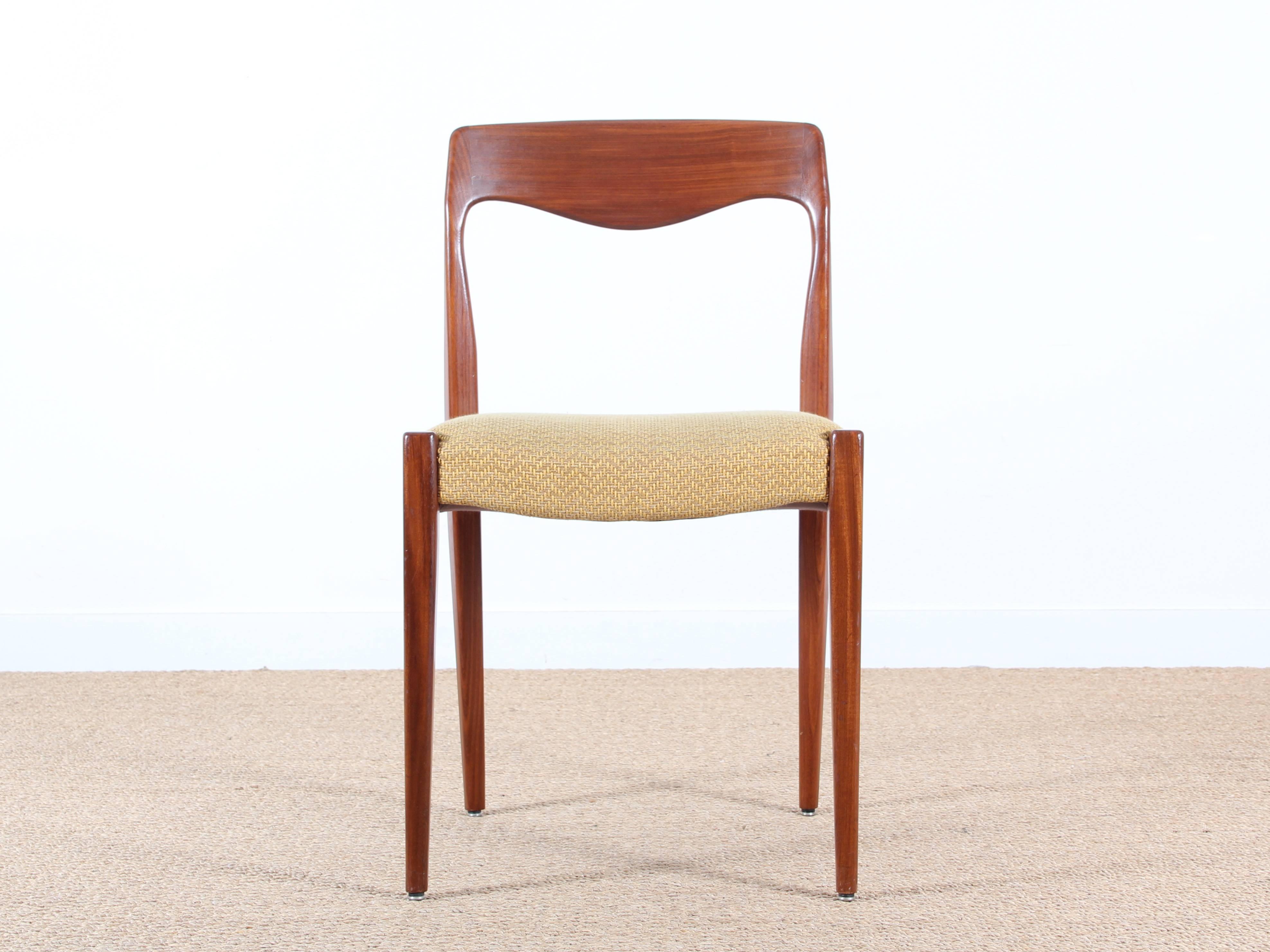 Set of four Scandinavian chairs in teak, fabric covered Pierre Frey, pattern straw. Trim and fabric redone.