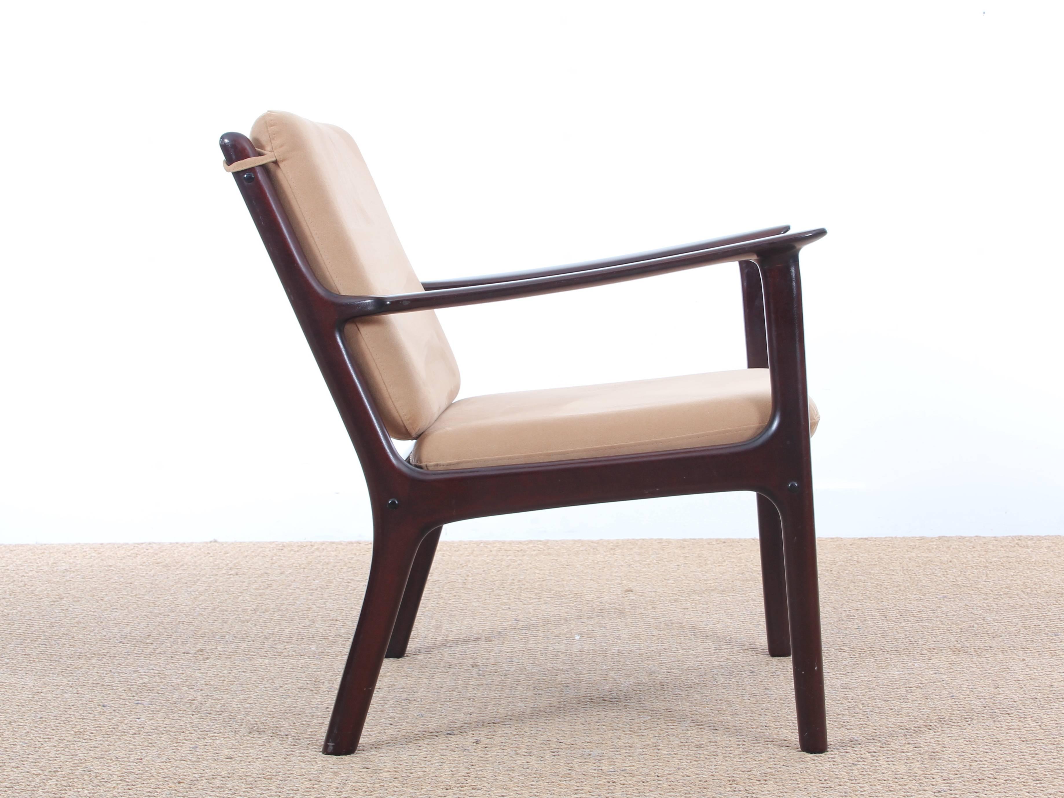 Mid-Century Modern Danish lounge chair in mahogany model PJ 112 by Ole Wanscher. Original upholstery in alcantara.
