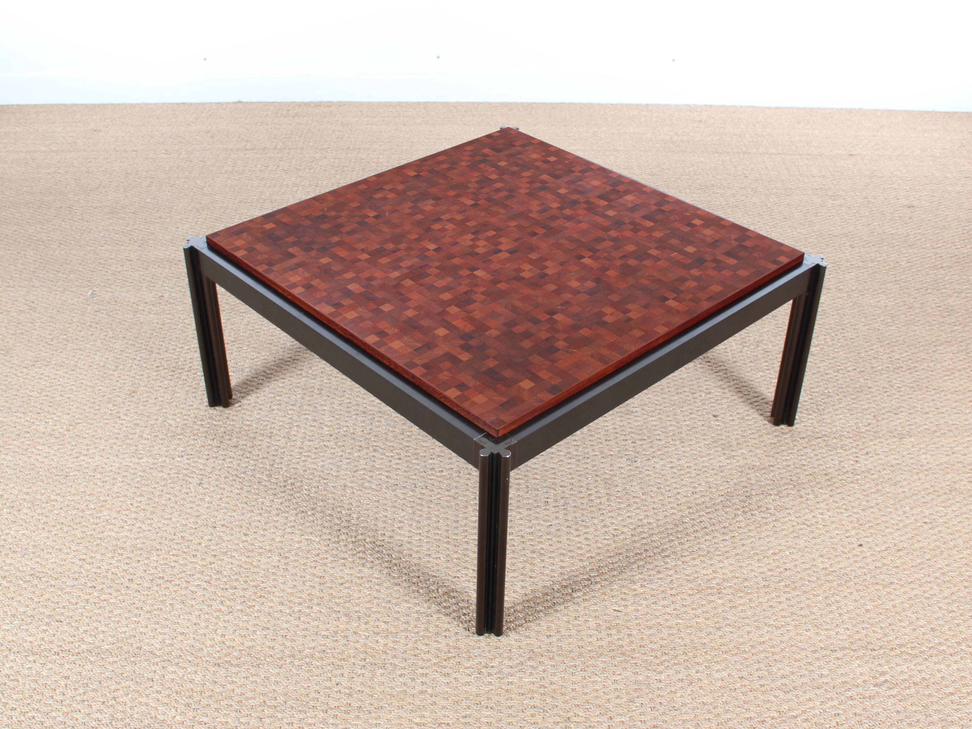 Mid-Century Modern coffee table in teak and aluminium by Rolf Middelboe & Gorm Lindum with a bitmap structured table top, made of cubical solid pieces of teak combined to create an interesting structure and pattern. All table is unique.