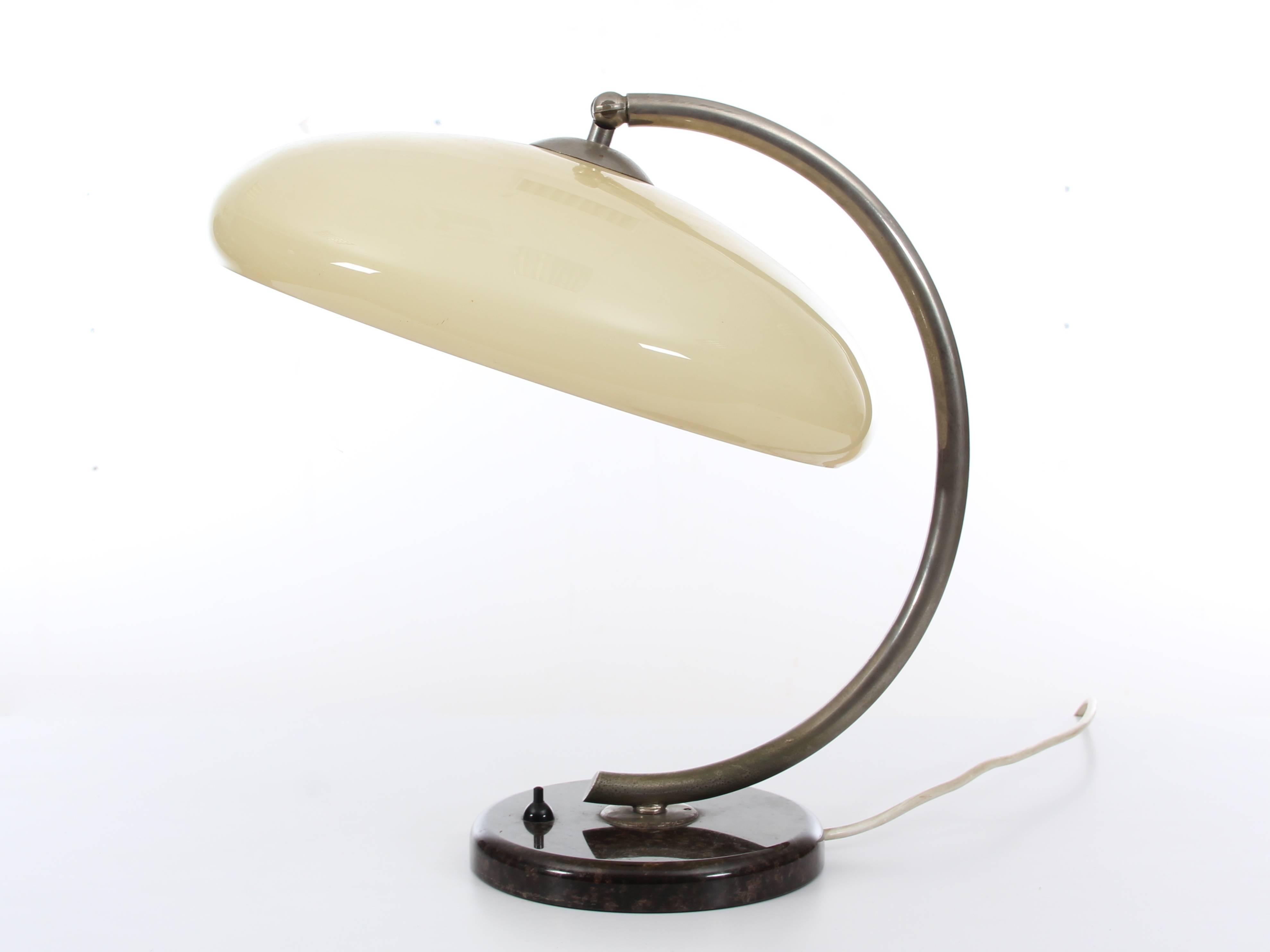 Mid-Century Modern desk lamp in opal from the 1940s. Granit base, chromed still and yellow opal shade. New EU standard plugg. E27 bulb.