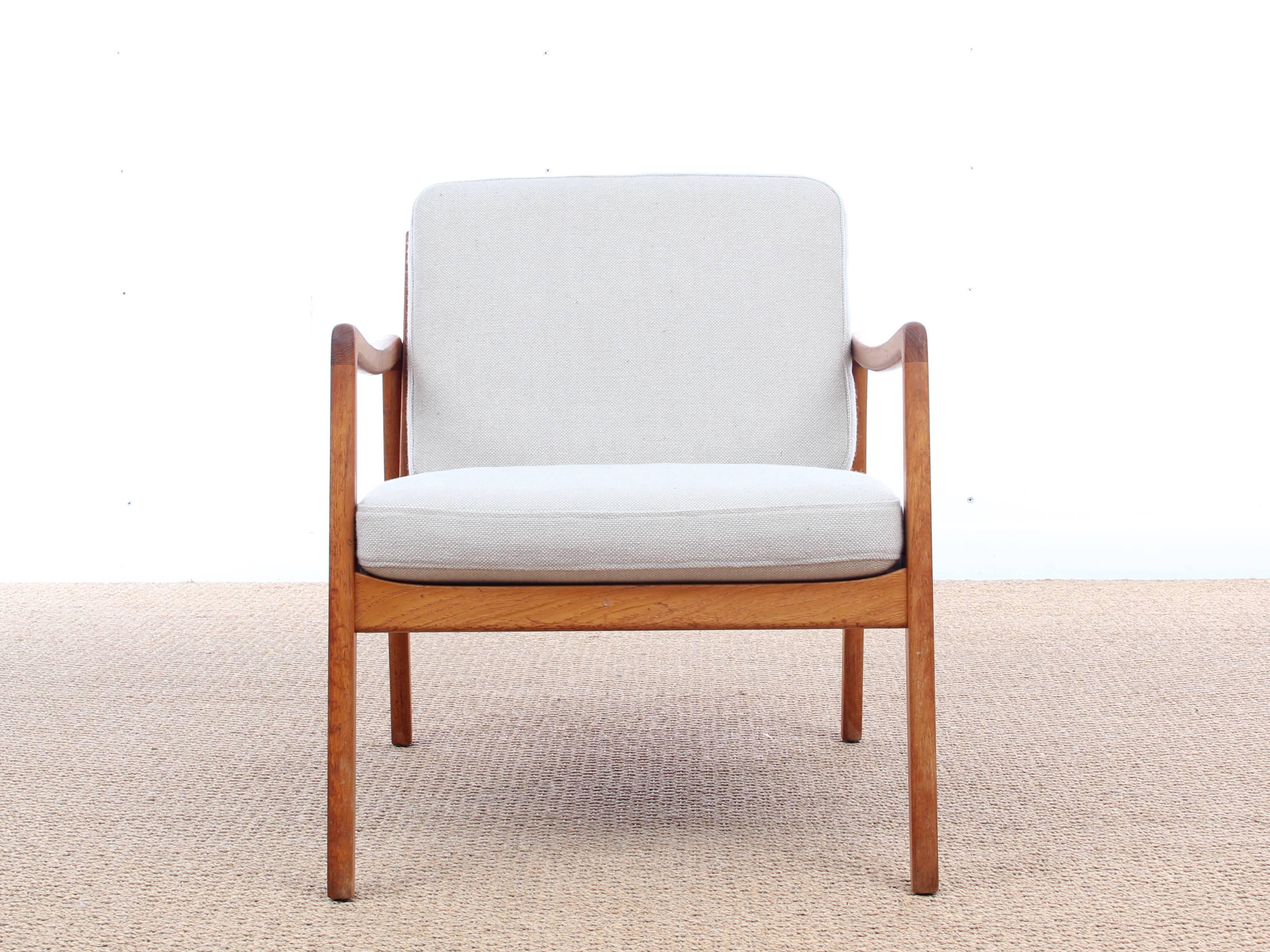 Mid-Century Modern, Danish pair of lounge chairs in teak model 110 by Ole Wanscher. Seats will be reupholstered with fabric of your choice between step Melange fabric from Gabriel. Other references with supplement. The price includes the renovation.