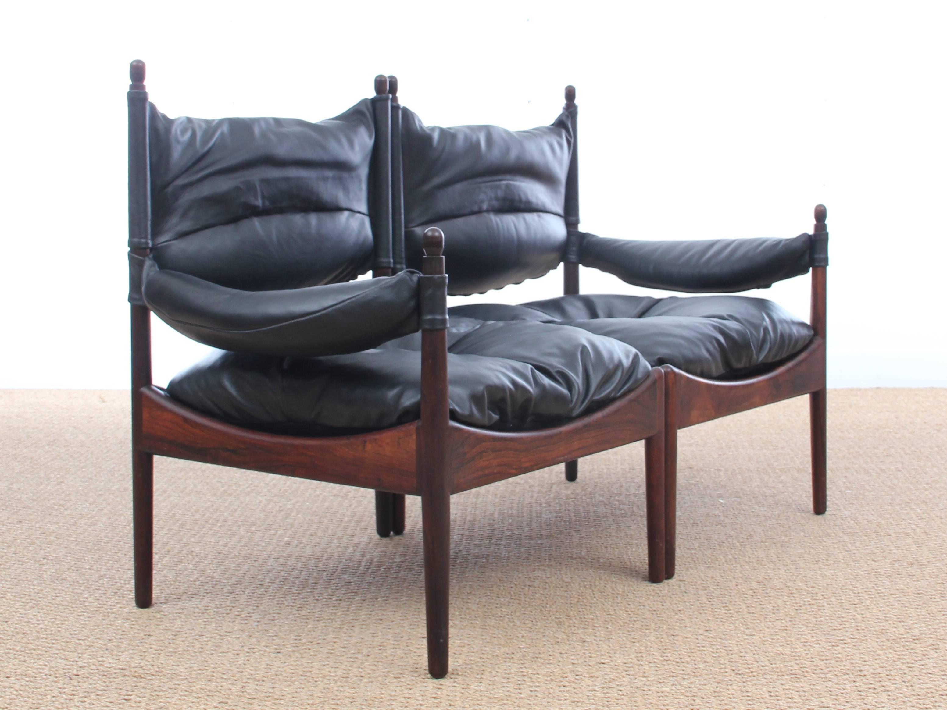 Mid-Century Modern Danish two seats sofa in rosewood model Modus by Kristian Vedel. New full grain leather covers. Referenced by the design museum, Denmark.