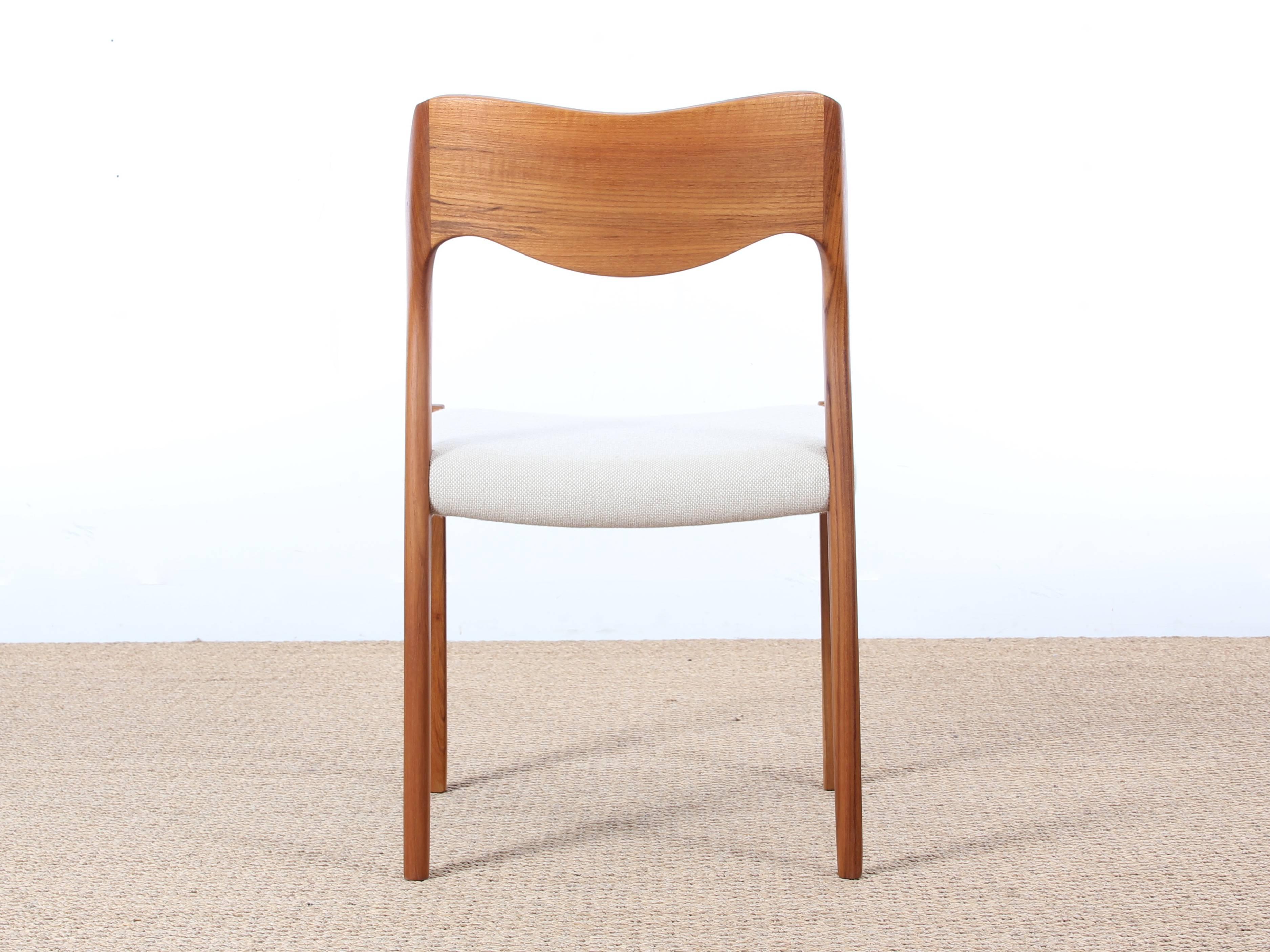 Mid-Century Modern Danish chair in teak model 71 by Niels O. Møller. Frame in solid teak, seat in Kvadrat Hallingdal fabric, available on demand in 65 colors. New production, still handmade in the historical Møllers workshop in Denmark. 

On