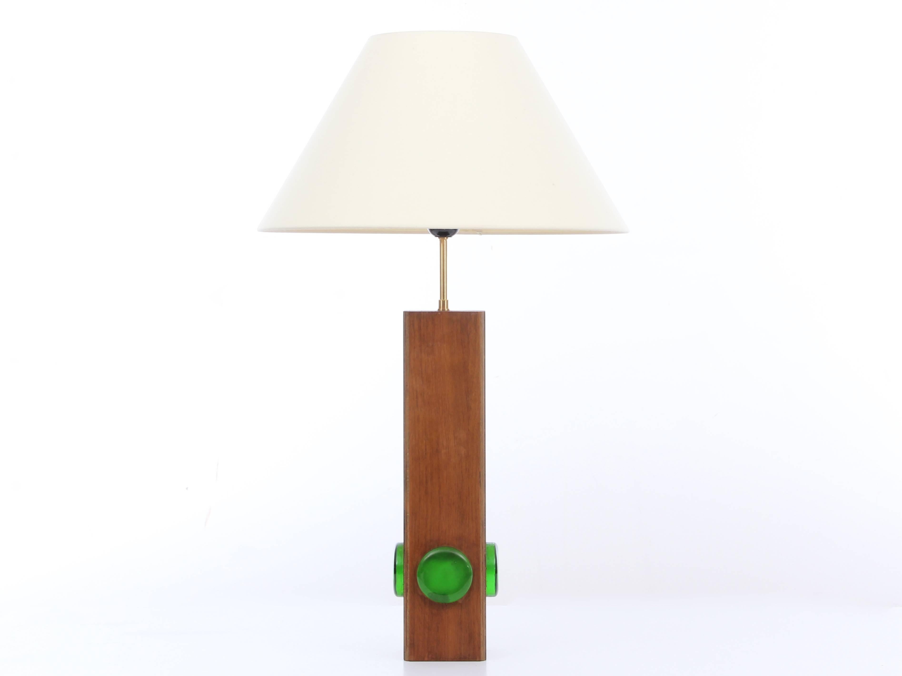 Mid-Century Modern Scandinavian huge teak lamp with green molten glass. New electrical system brought up to EU standard. E27 bulb. New shade included.