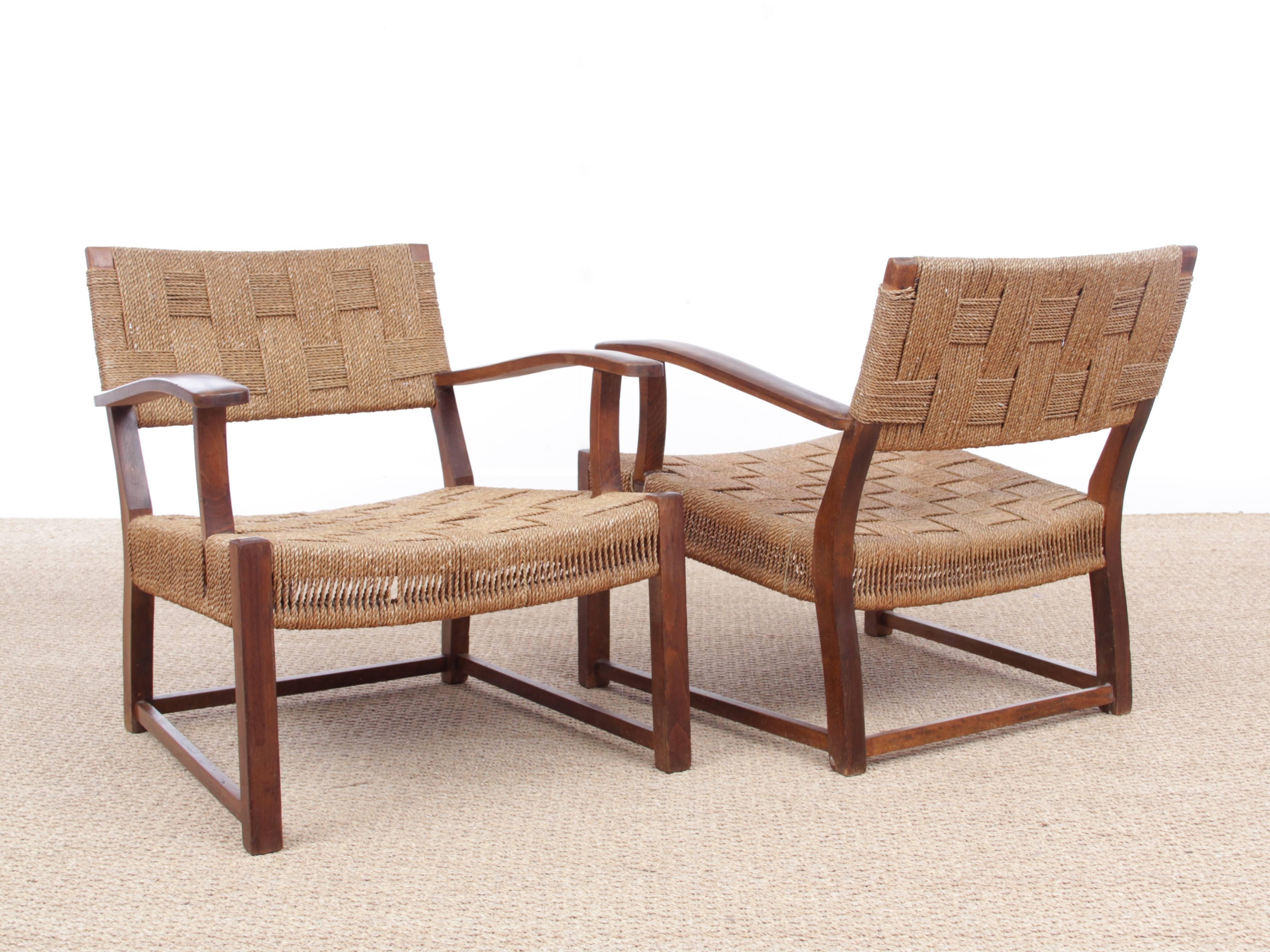 Mid-Century Modern Pair of Armchairs with Woven Sea Grass by Fritz Schlegel In Excellent Condition In Courbevoie, FR