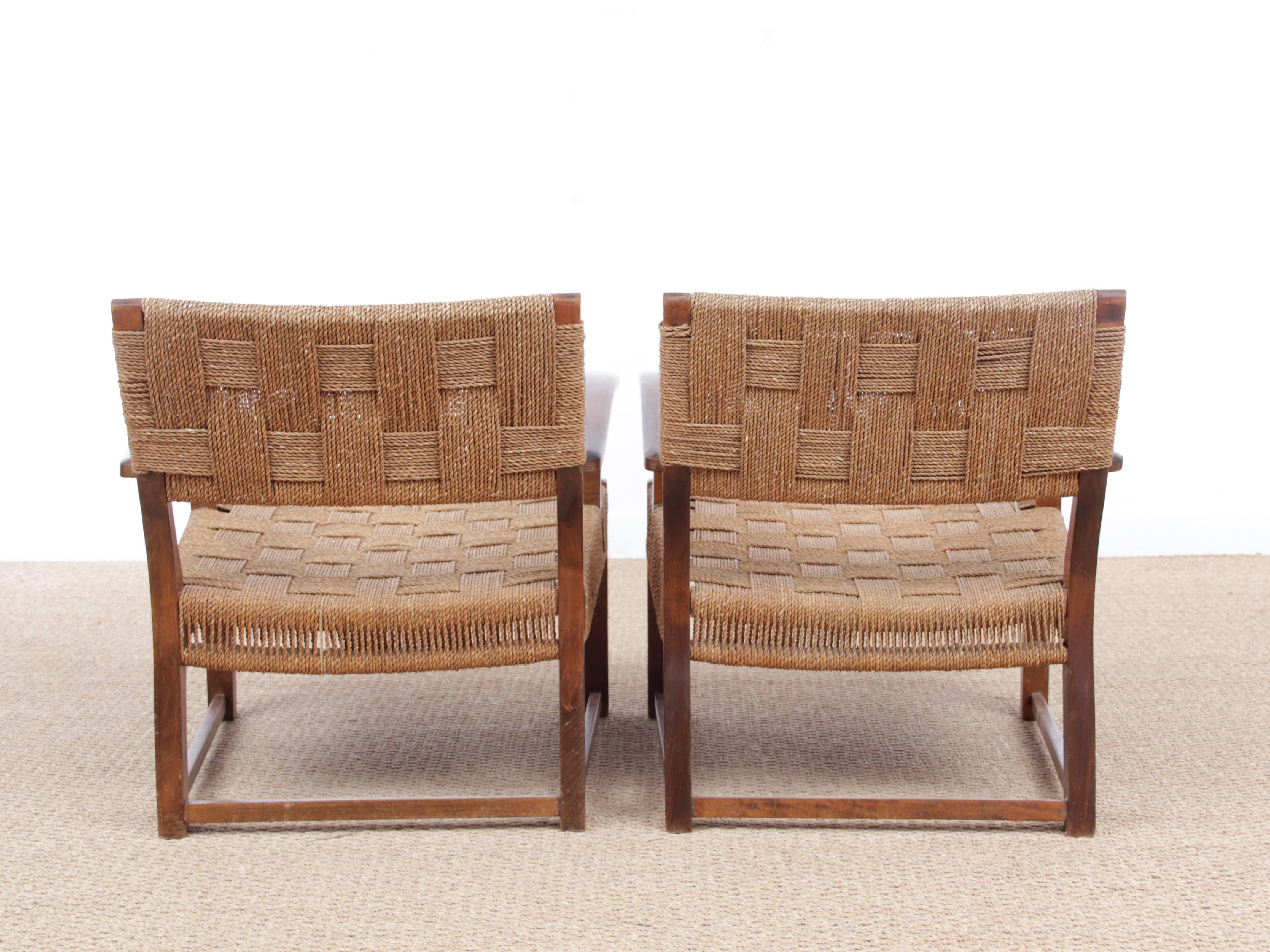 Danish Mid-Century Modern Pair of Armchairs with Woven Sea Grass by Fritz Schlegel