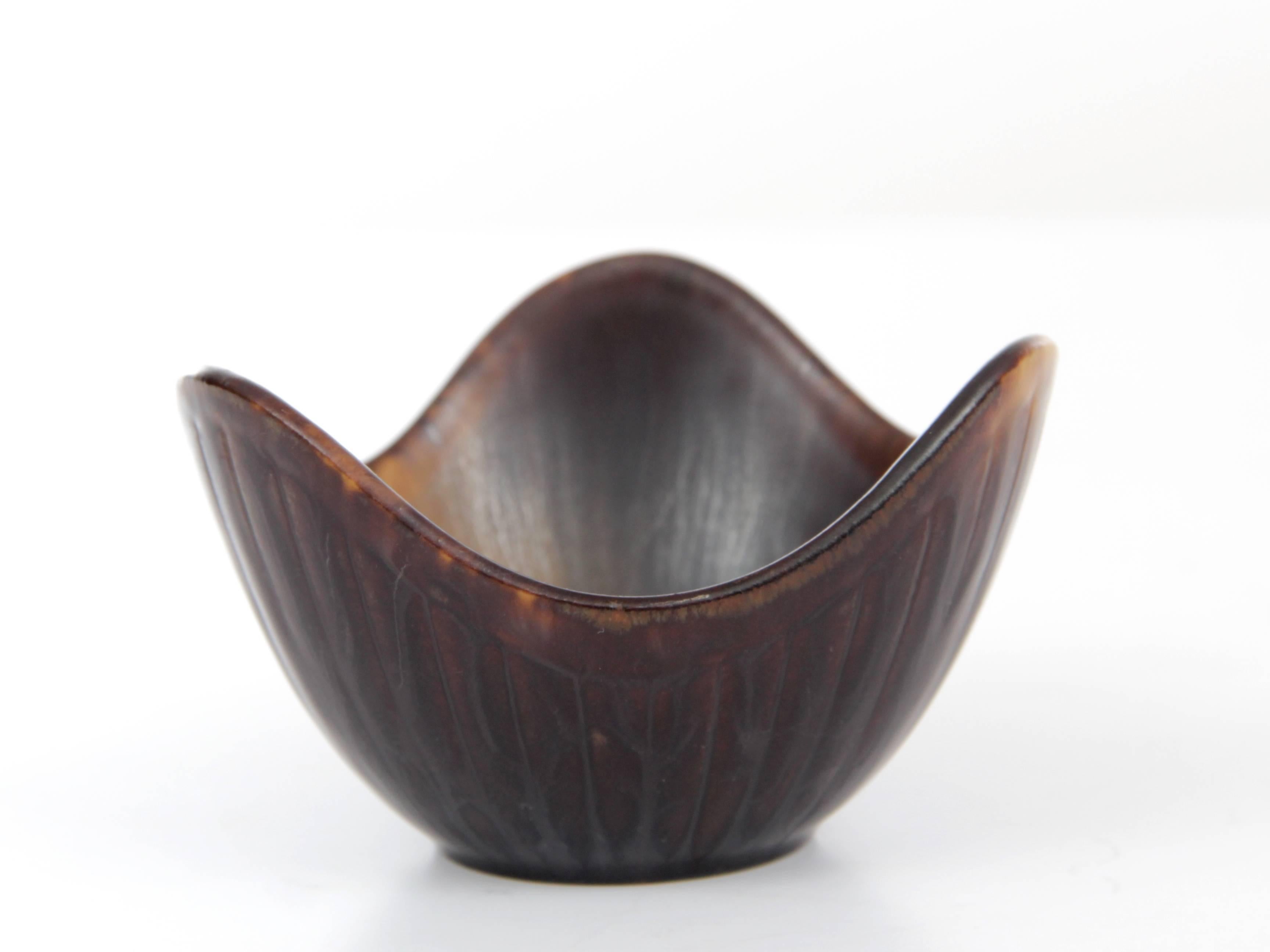 Scandinavian ceramic bowl, model ASH. Brown and yellow glazure. Signed.