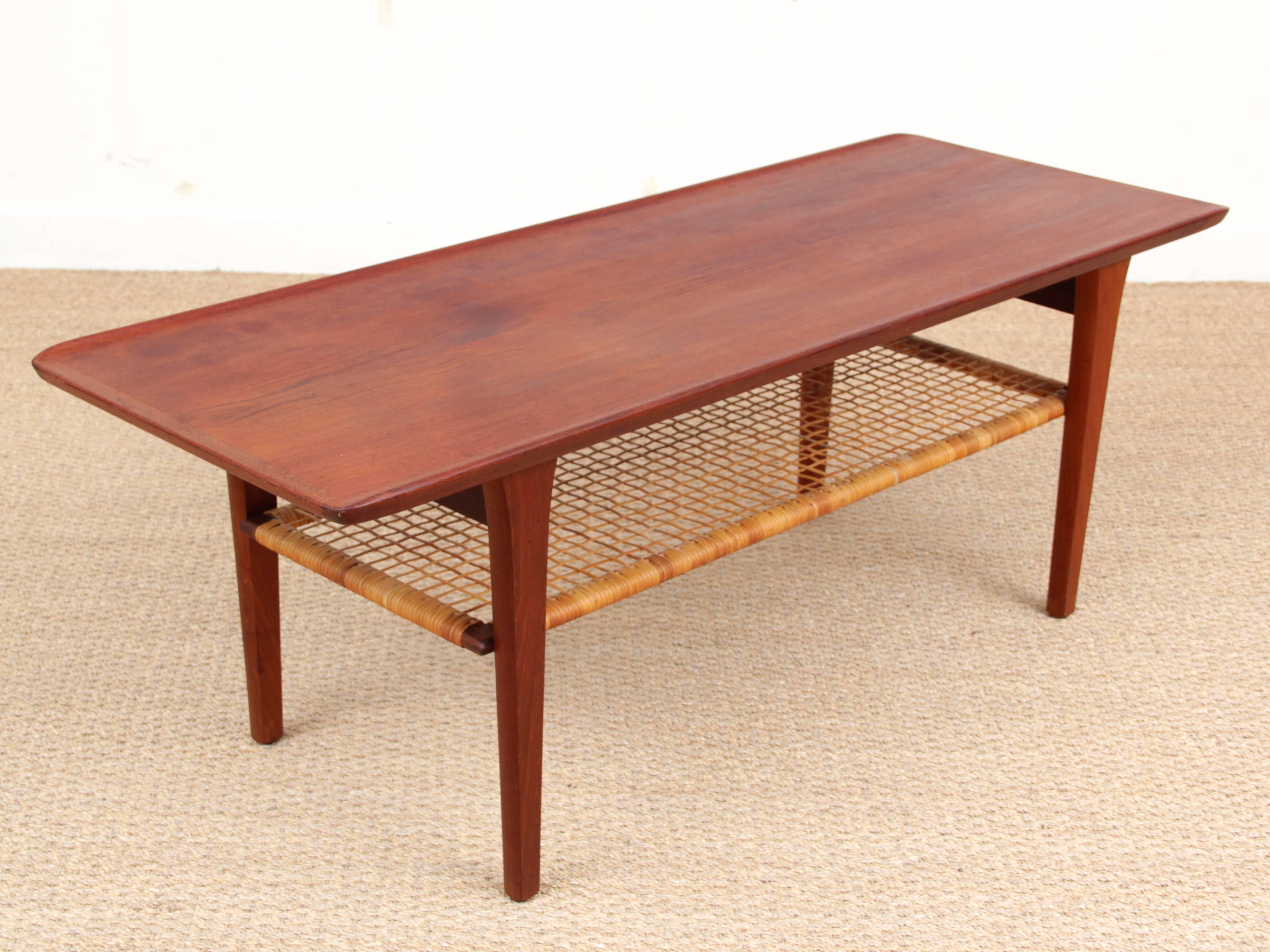 Danish Mid-Century Modern Scandinavian Coffee Table in Teak and Cane