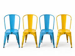 Set of 4 Tolix chairs: 2 yellow, 2 blue. 1960s edition