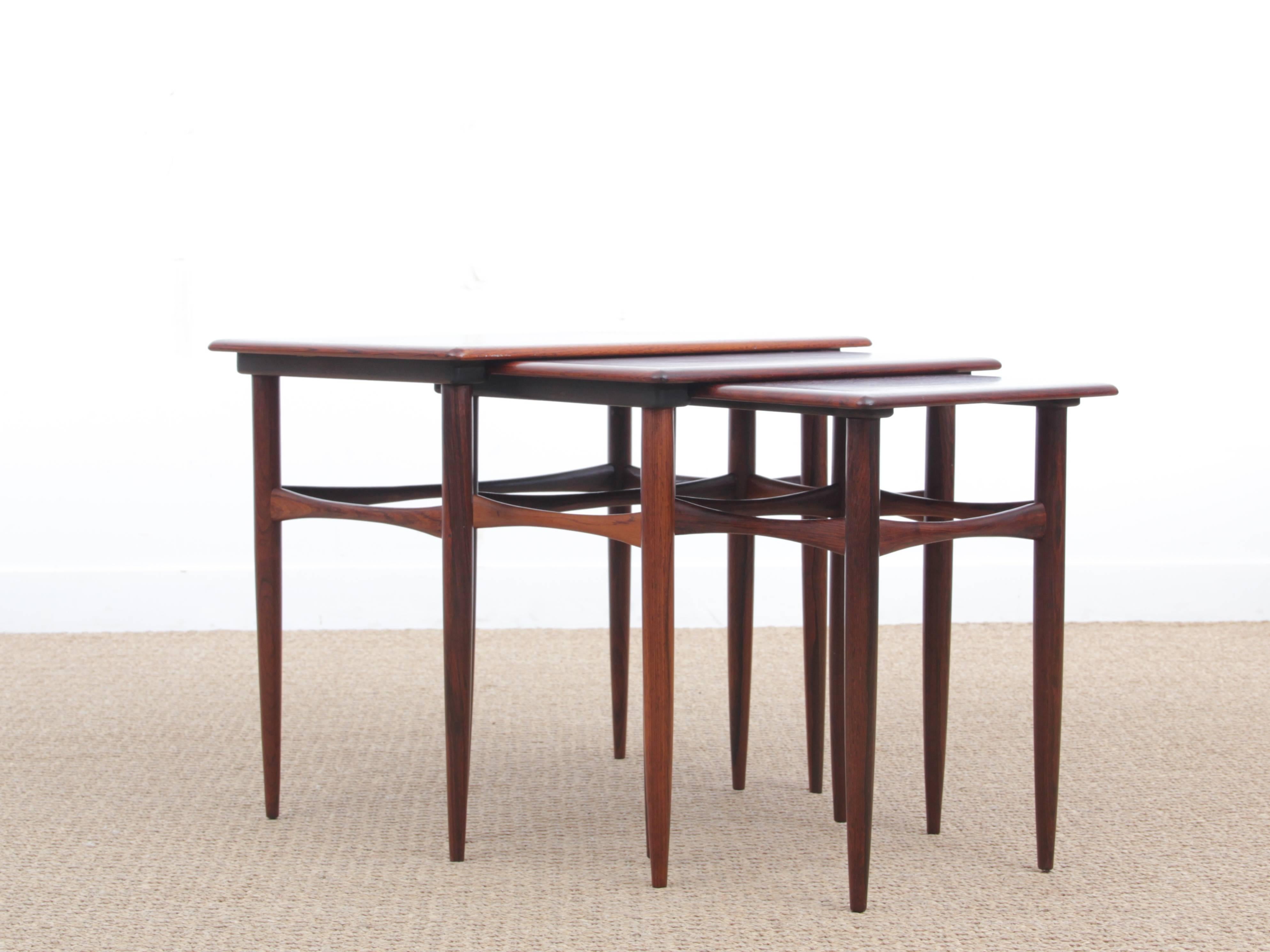Mid-Century Modern Scandinavian nesting tables in rosewood by Poul Hundevad. Some sign of wear and scratches.