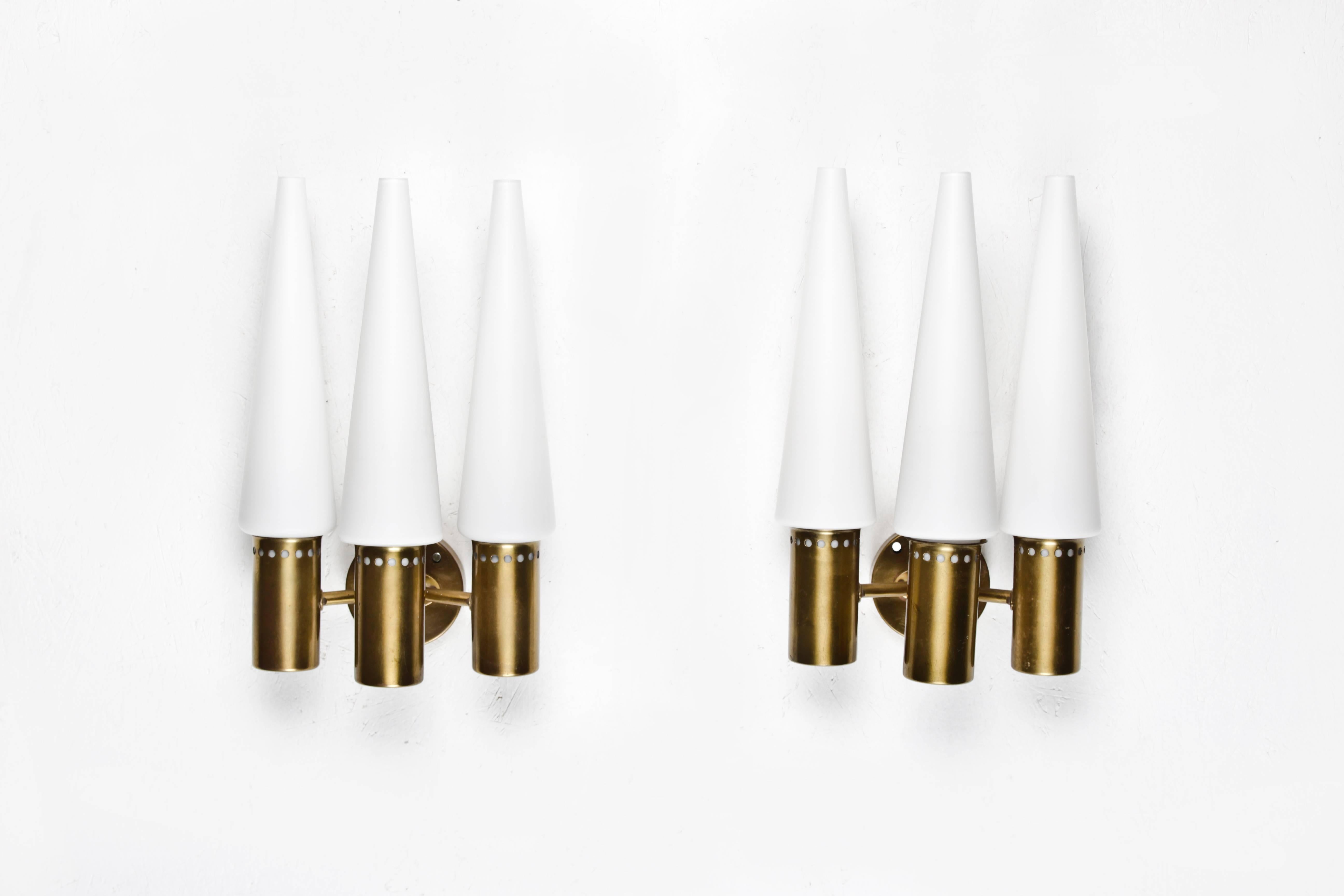 Mid-Century Modern Wall Sconces in Brass and Opaline Glass by Hans-Agne Jakobsson For Sale