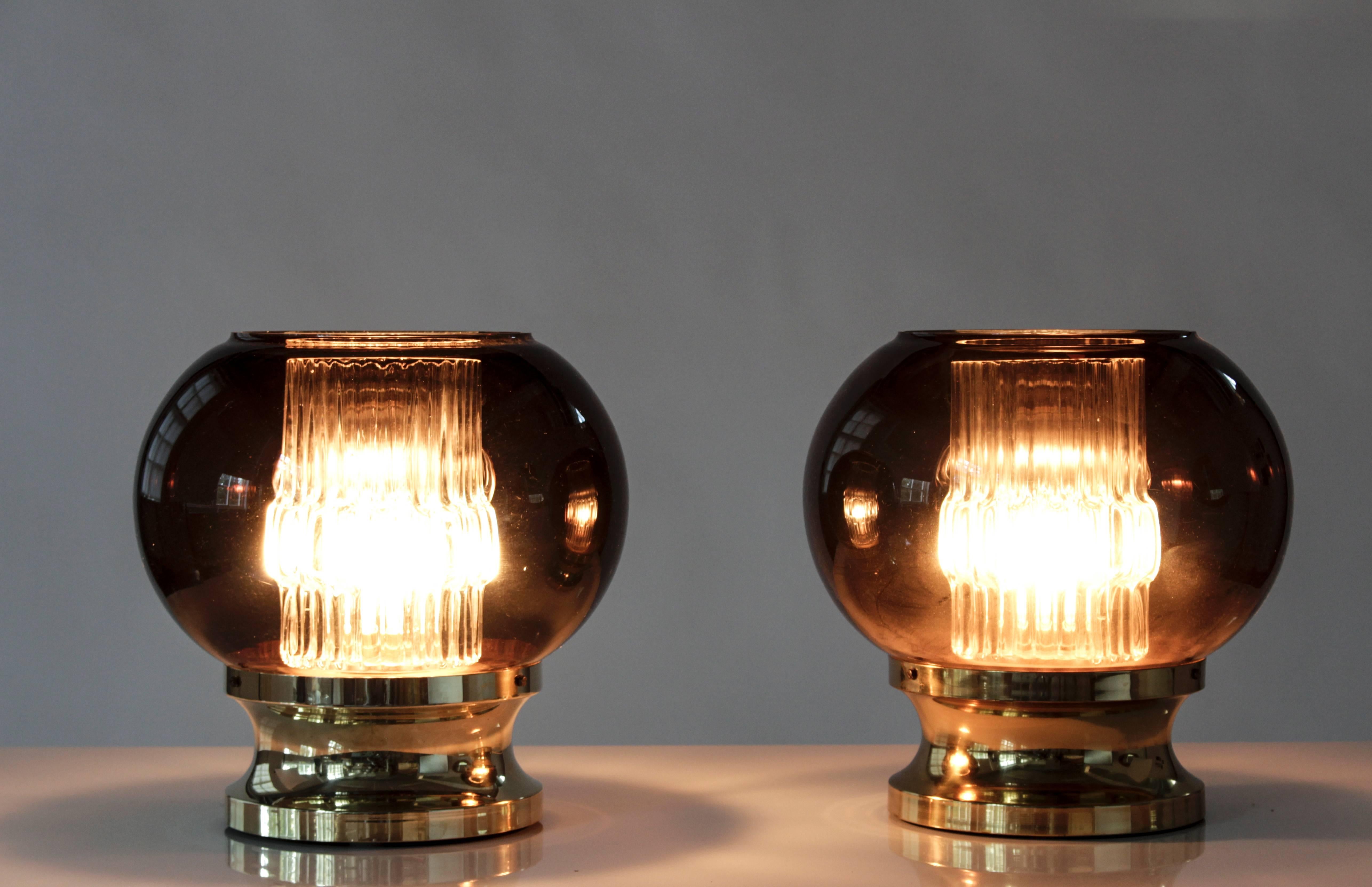 Mid-Century Modern Pair of Table Lamps in Brass and Glass by Orrefors, Sweden, 1960s