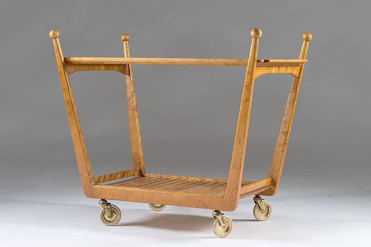 Mid-Century Modern Swedish Birch and Glass Serving Trolley For Sale