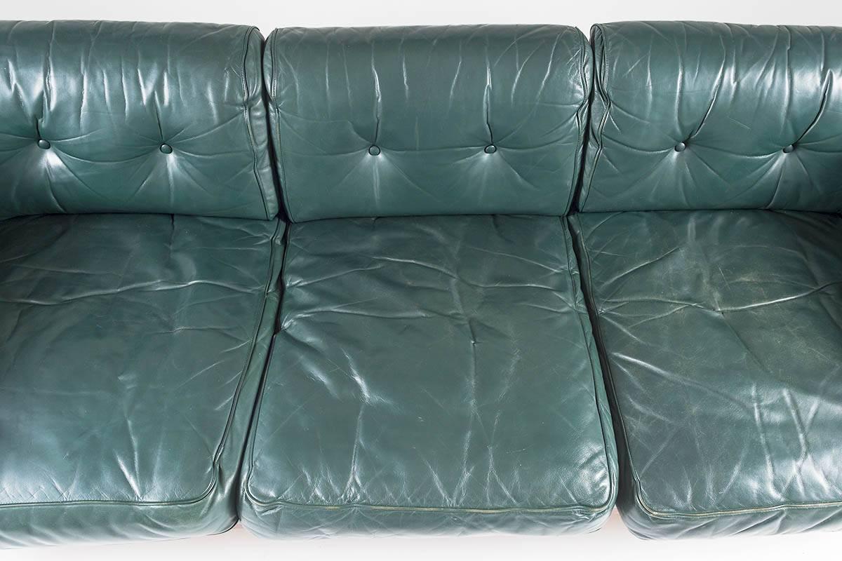 Scandinavian Rosewood and Green Leather Sofa 