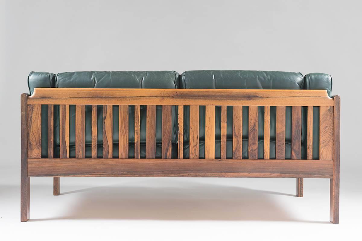 Scandinavian Modern Scandinavian Rosewood and Green Leather Sofa 