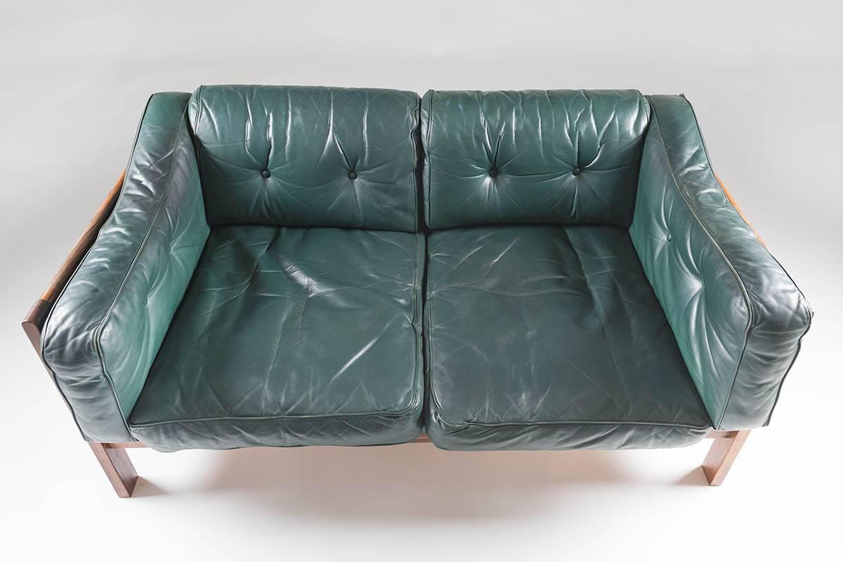 Scandinavian Rosewood and Green Leather Sofa 