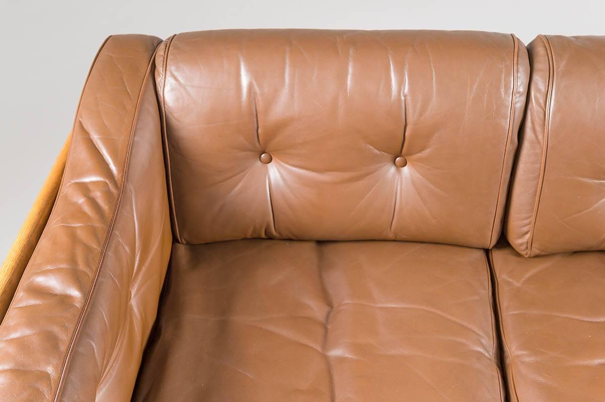 Scandinavian Modern Swedish Oak and Brown Leather Sofa 