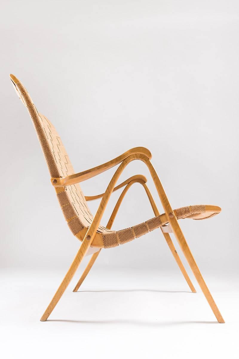 Swedish Midcentury Armchair in Linen Webbing and Birch, 1940s 2