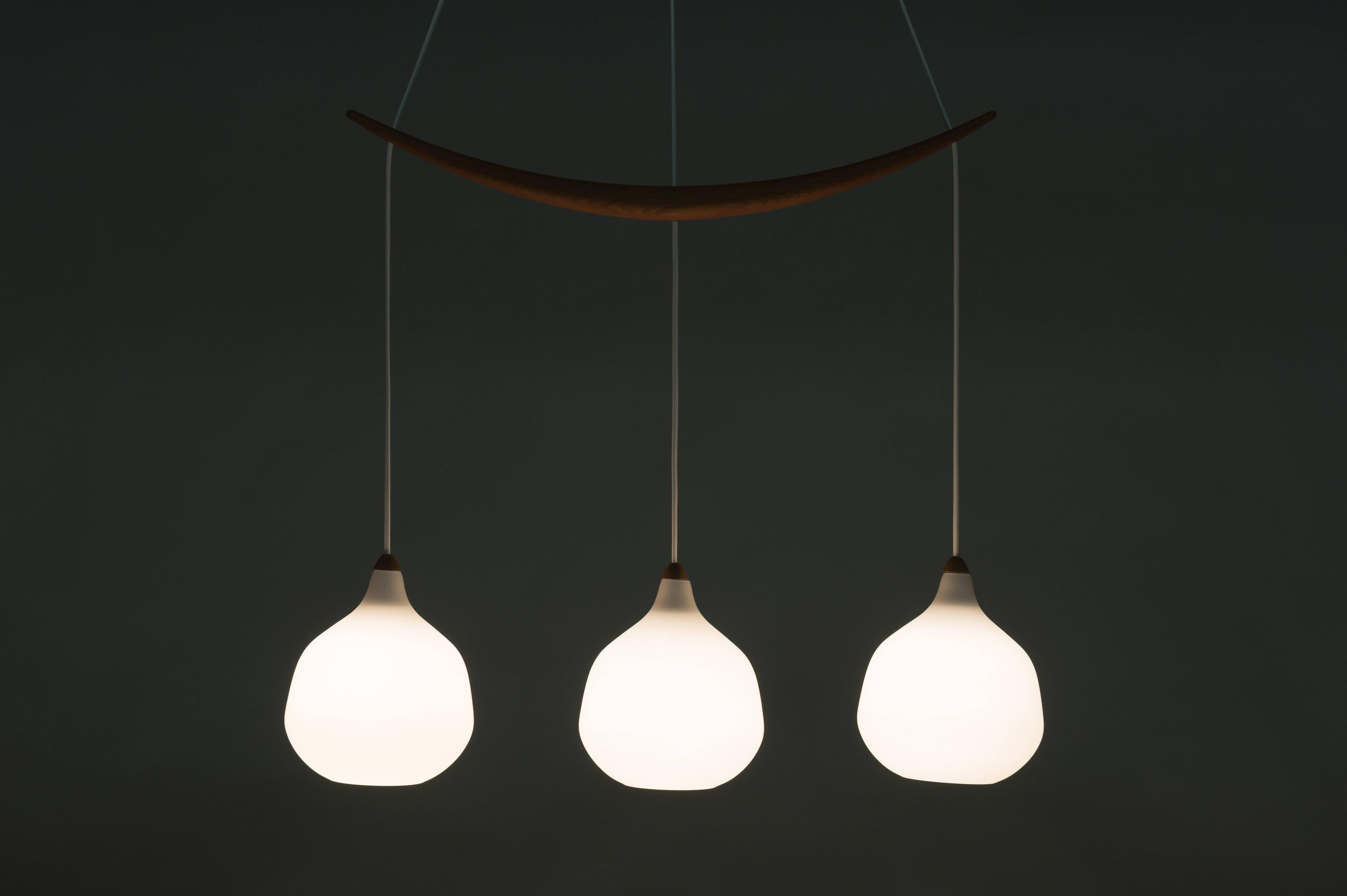 Scandinavian Modern Swedish Mid-Century Pendant in Oak and Opaline Glass by Luxus