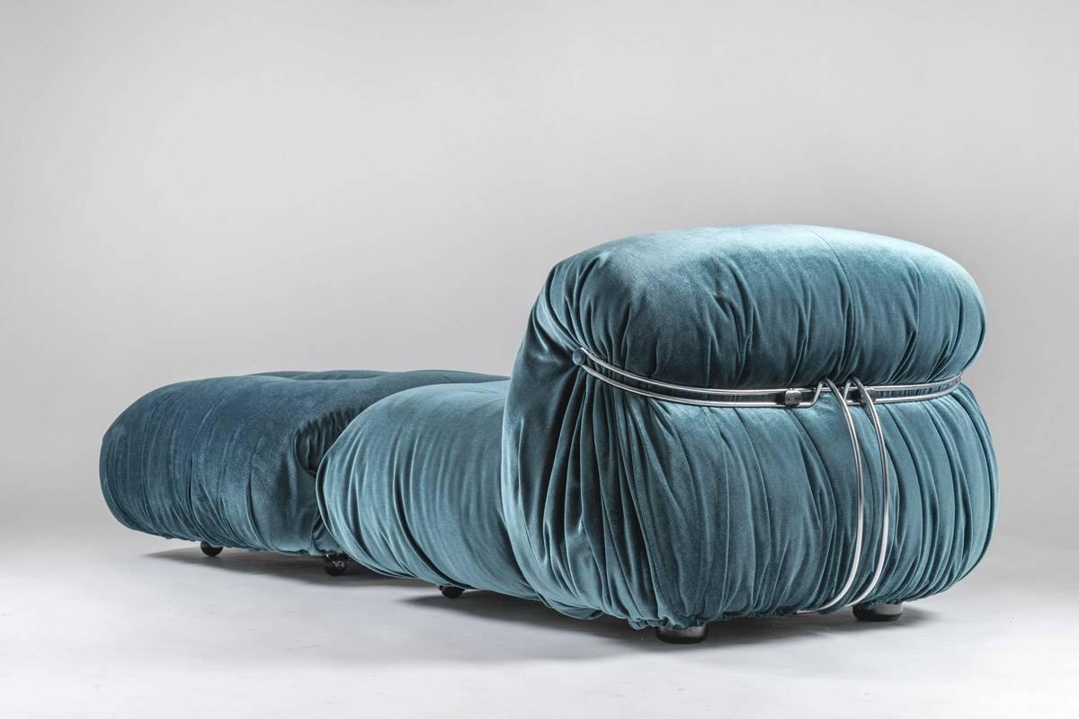 20th Century Armchair and Ottoman in Blue Velvet 