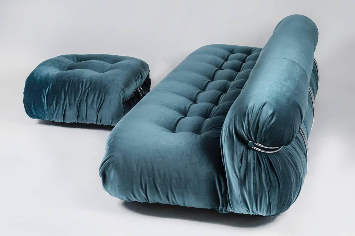Italian Sofa and Ottoman in Blue Velvet 