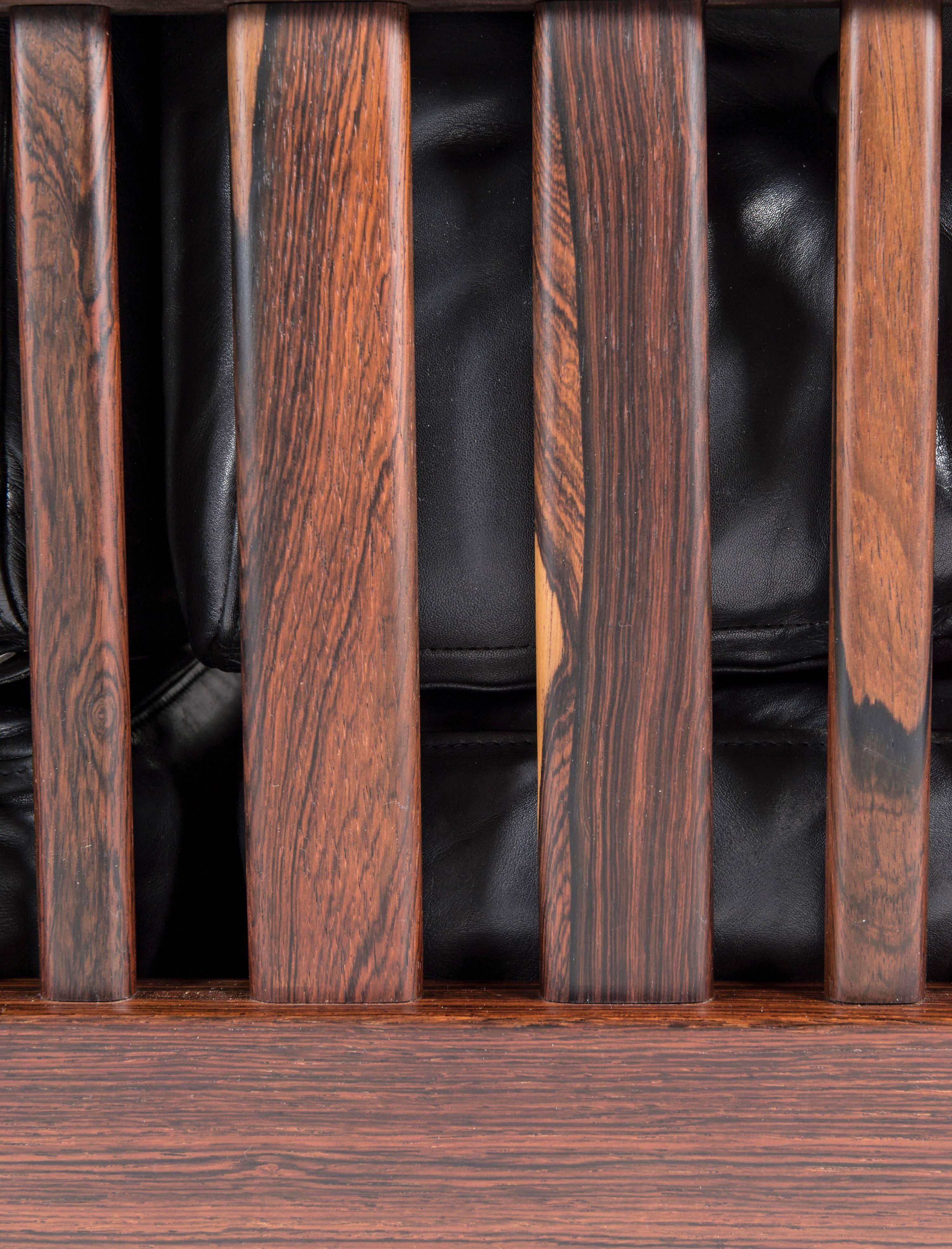 Scandinavian Rosewood and Black Leather Sofa 