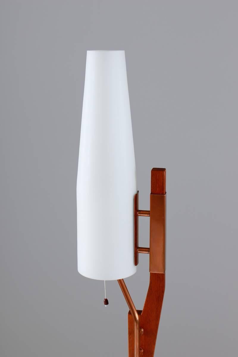 Very Rare Floor Lamp by Orrefors in Teak, Copper and Opaline Glass In Good Condition For Sale In Karlstad, SE