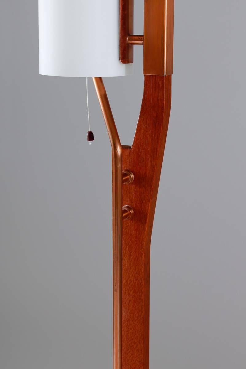 19th Century Very Rare Floor Lamp by Orrefors in Teak, Copper and Opaline Glass For Sale