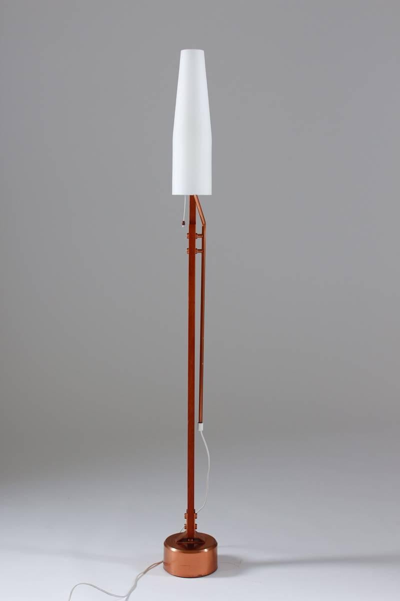 Swedish Very Rare Floor Lamp by Orrefors in Teak, Copper and Opaline Glass For Sale
