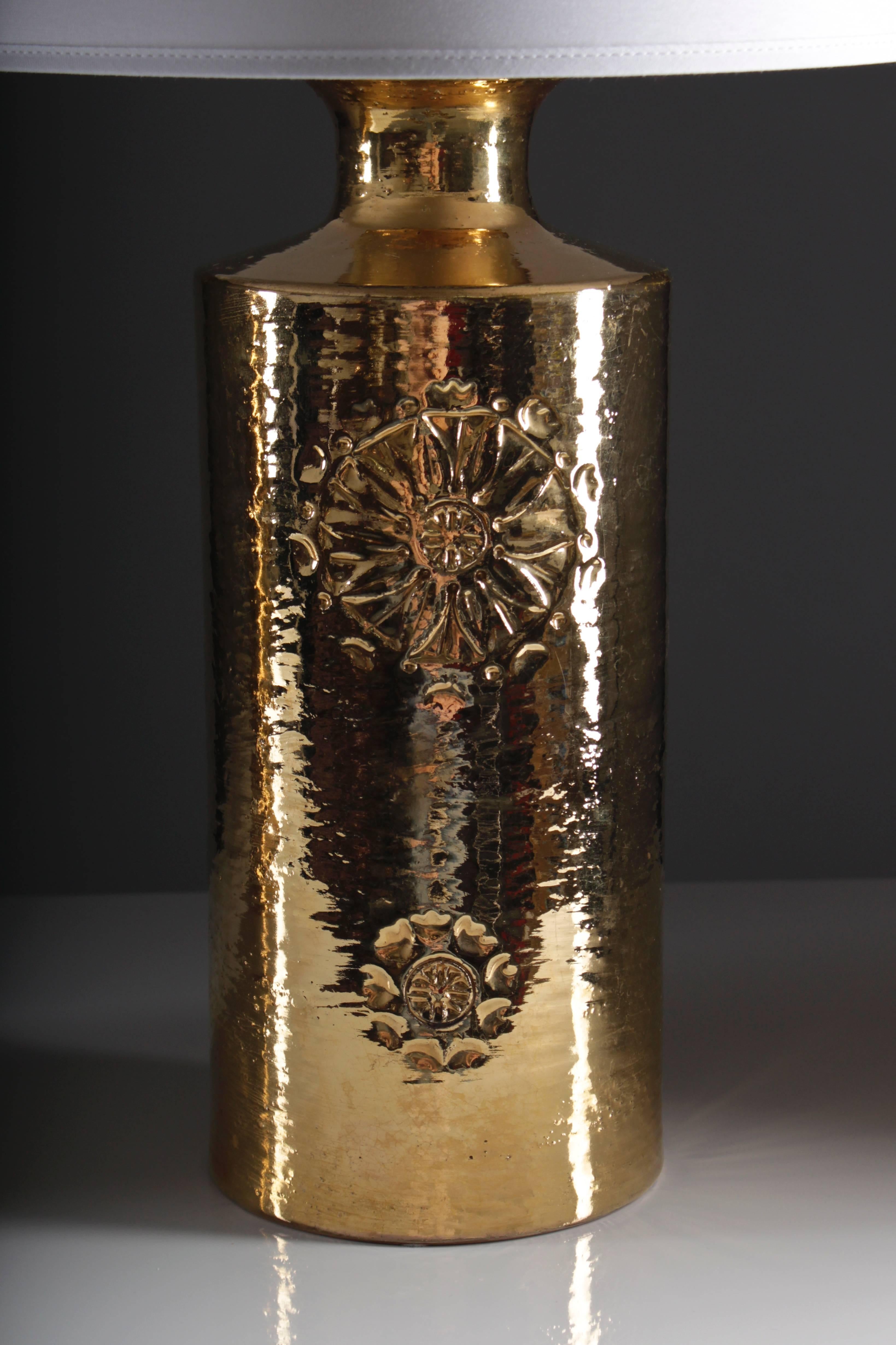 Swedish Pair of 22-Karat Gold Glazed Ceramic Lamps by Bitossi for Bergboms