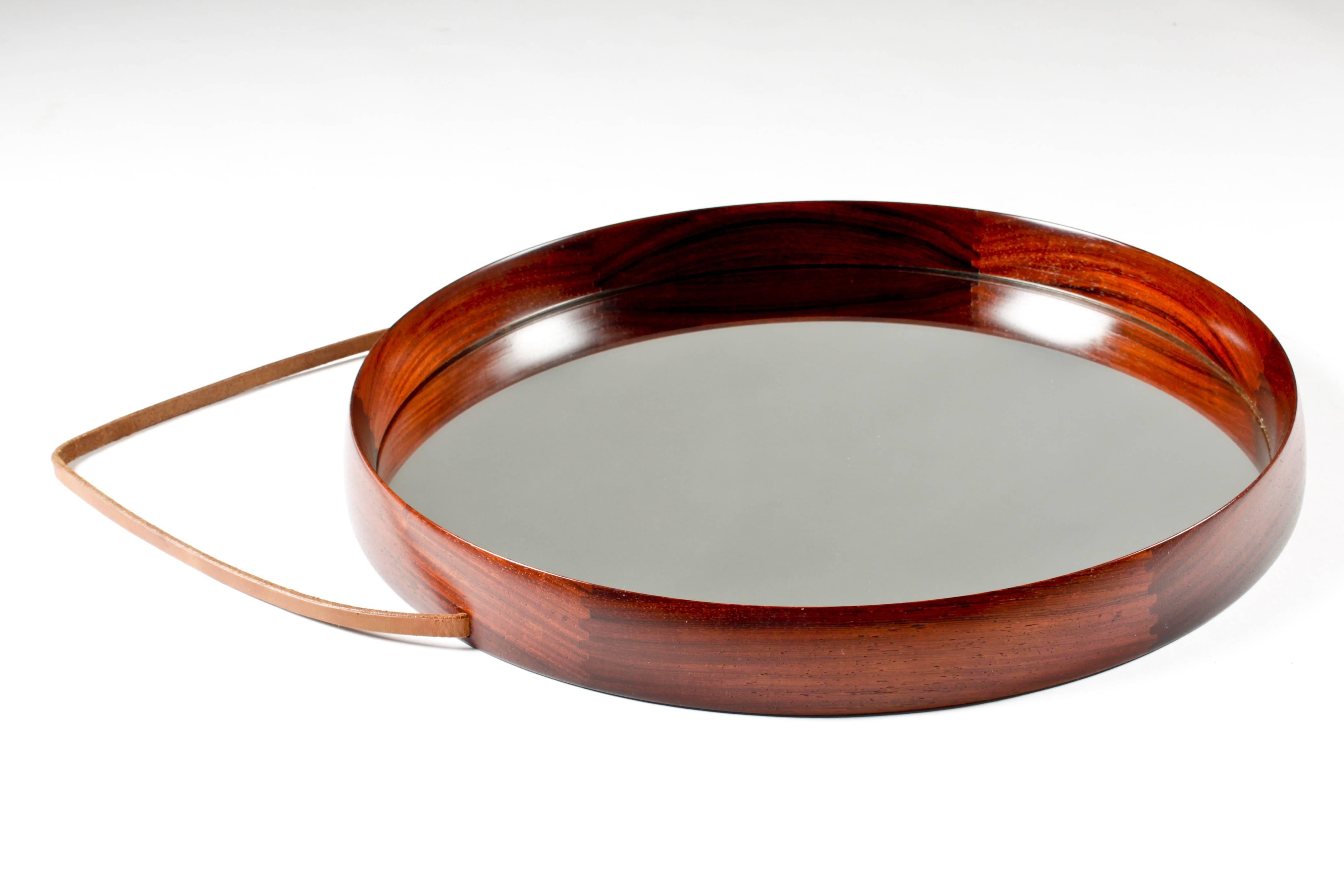 Leather Round Mirror in Rosewood by Uno & ÖSten Kristiansson for Luxus For Sale