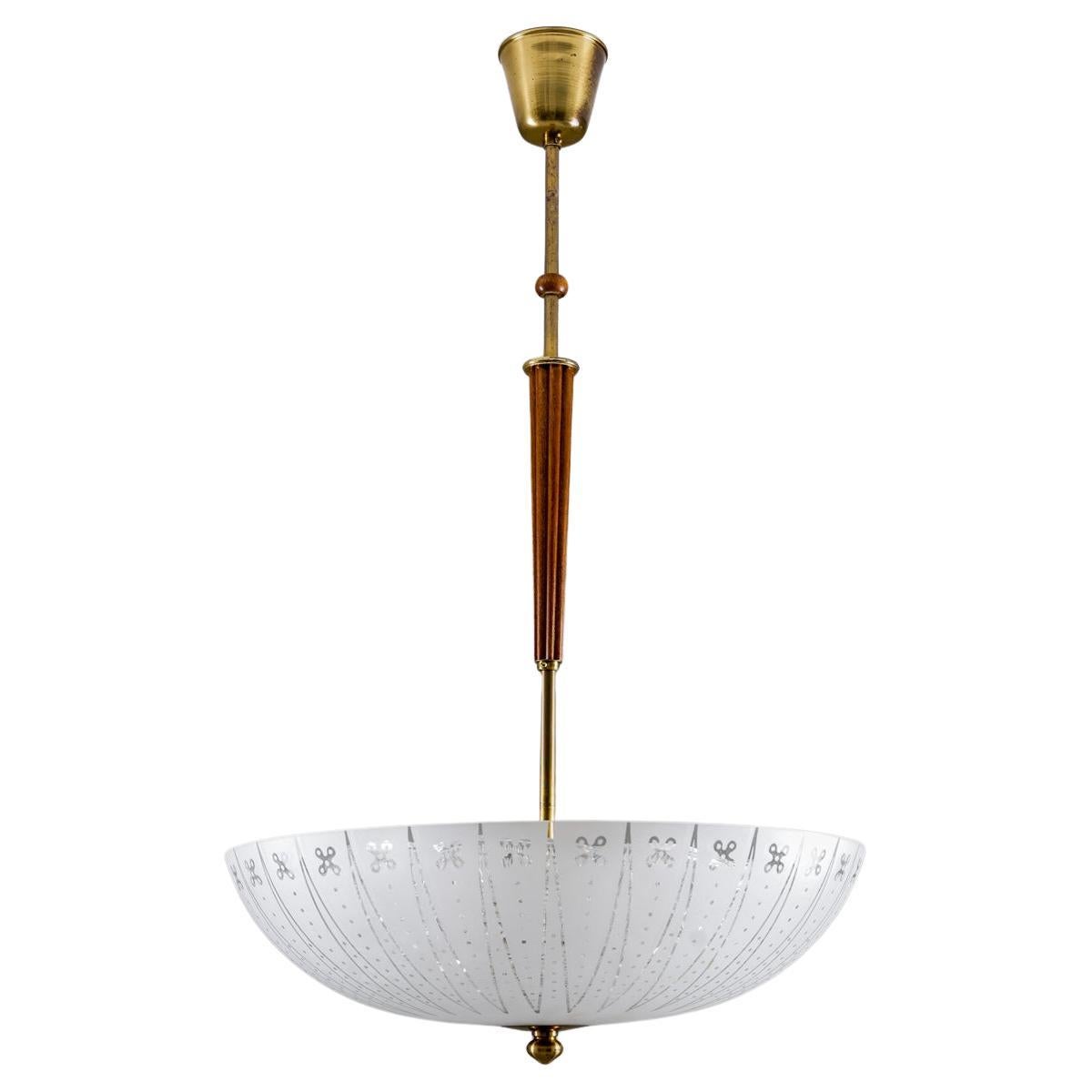 Swedish Modern Glass and Brass Pendant by Orrefors