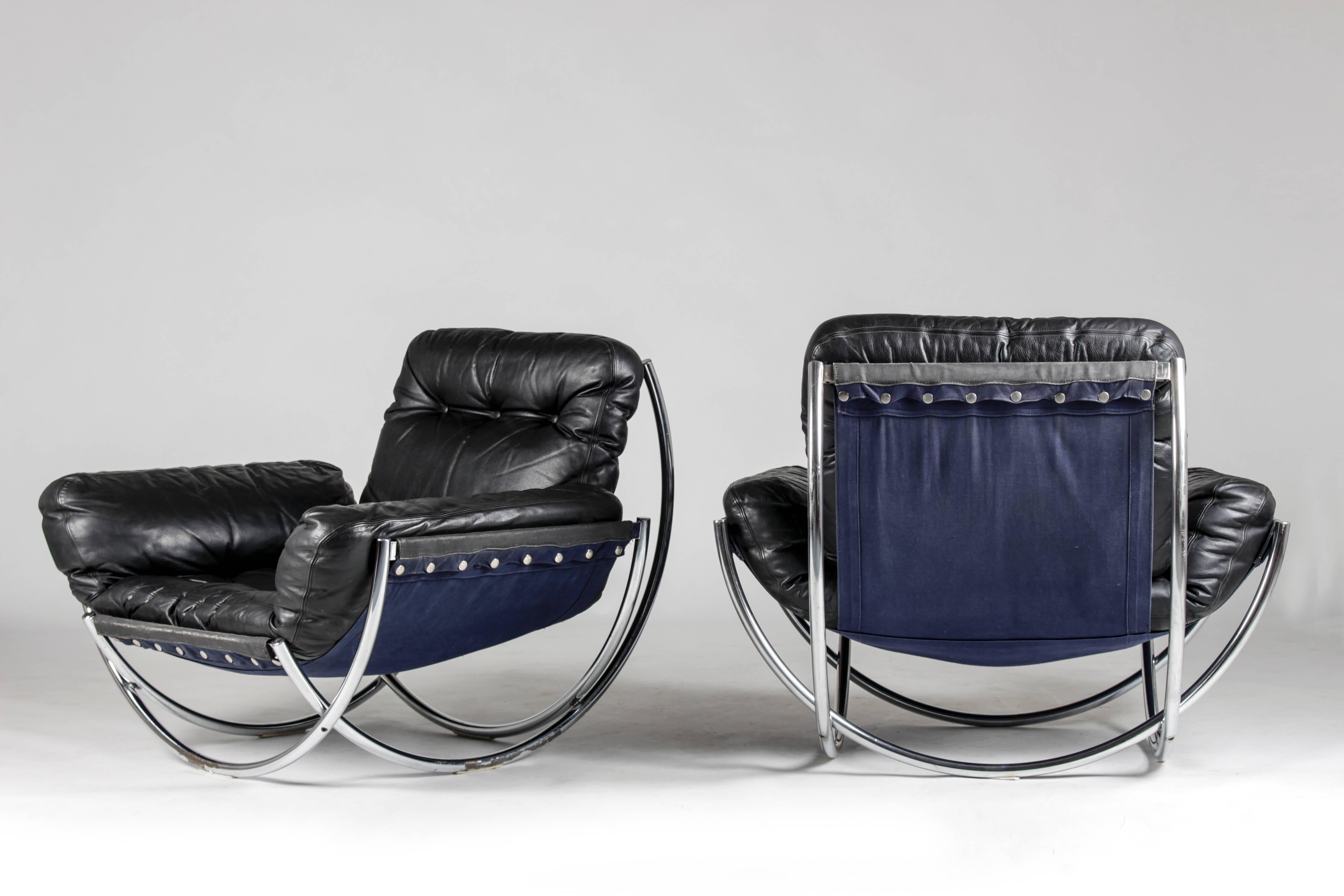 Swedish Pair of Leather and Chrome Armchairs 