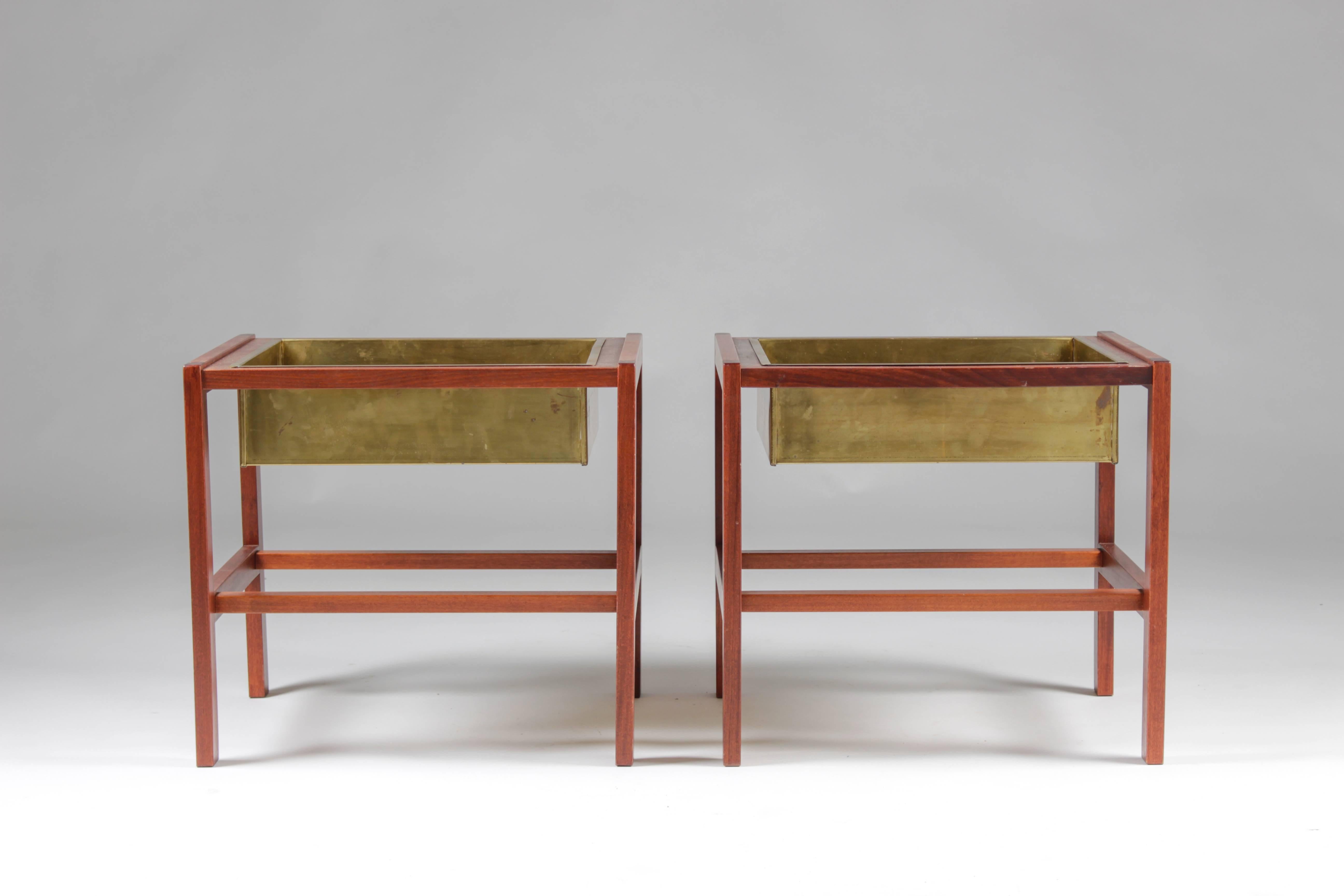 Mid-Century Modern Pair of Flower Tables in Teak and Brass