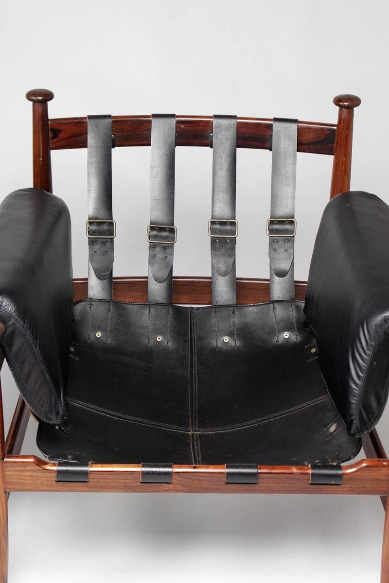 Swedish Pair of Scandinavian Leather and Rosewood Lounge Chairs by Eric Merthen for Ire