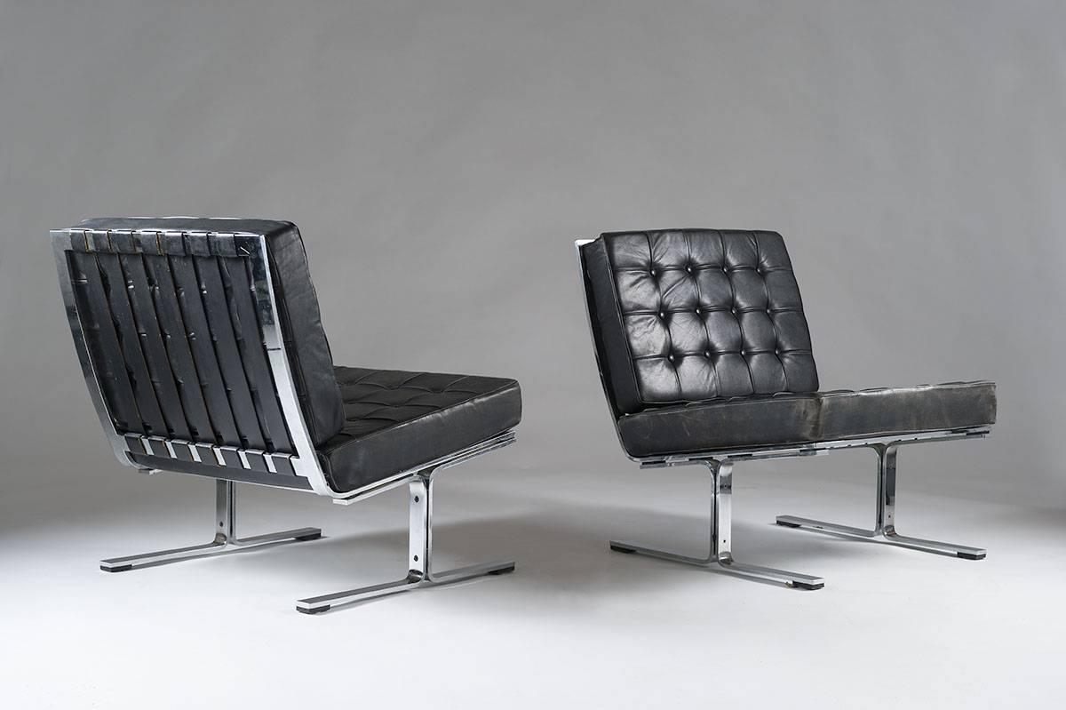 Swedish Karl-Erik Ekselius Scandinavian Modern Chrome and Leather Chairs Model F-6